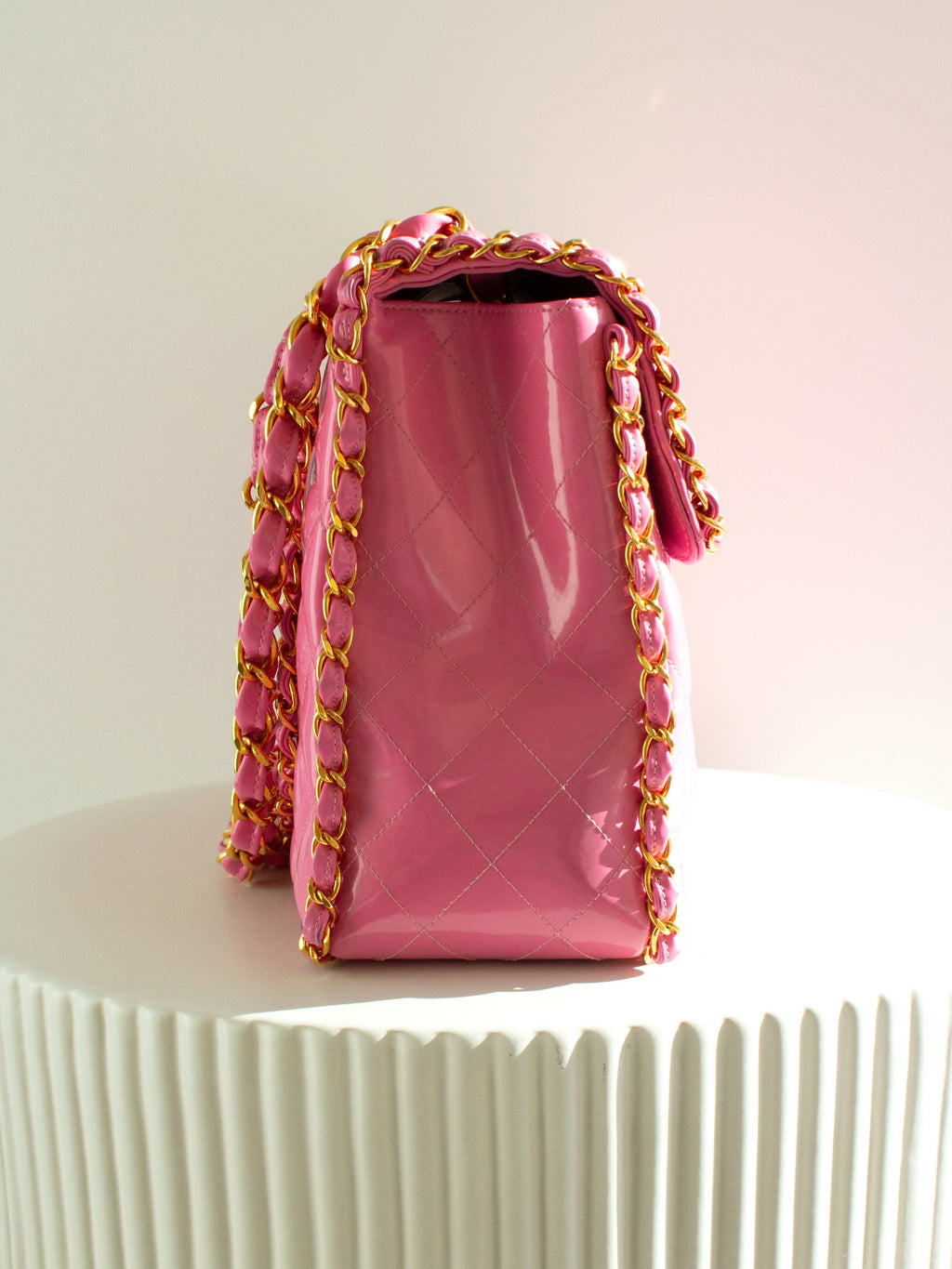Chanel Vintage S/S1995 Barbie Pink 24K Gold Chain Around Patent Lambskin Jumbo XL 95P Bag