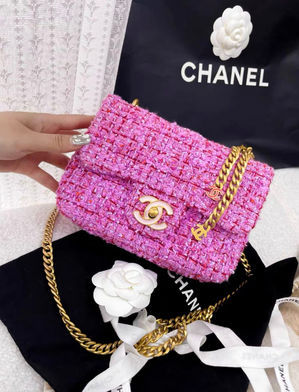 CHANEL 22P SQUARE FLAP BAG TWEED PINK WITH PINK HARDWARE
