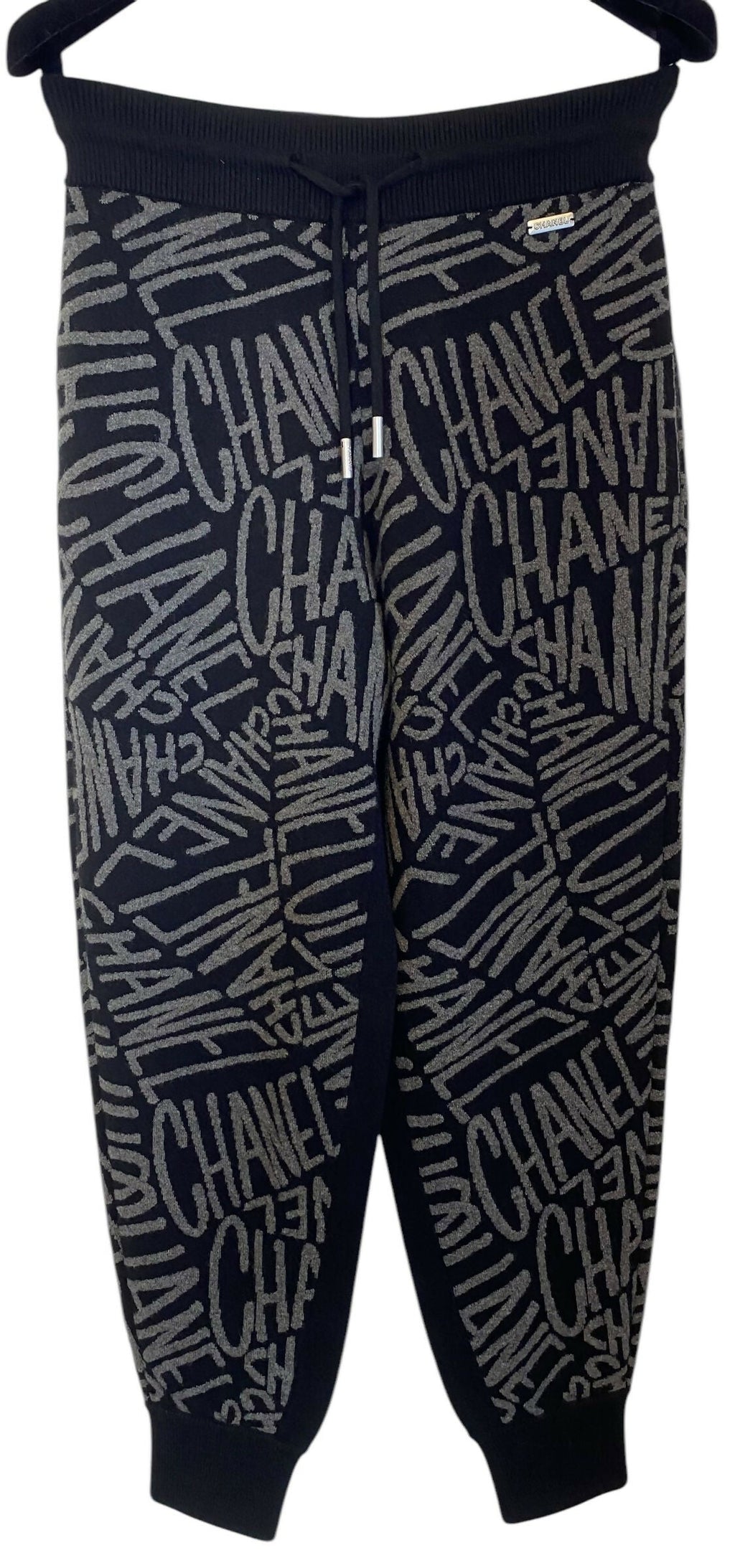 NWT Chanel Logo 21N Coco Neige Black Grey Cashmere Bottoms Lounge Pants FR 38