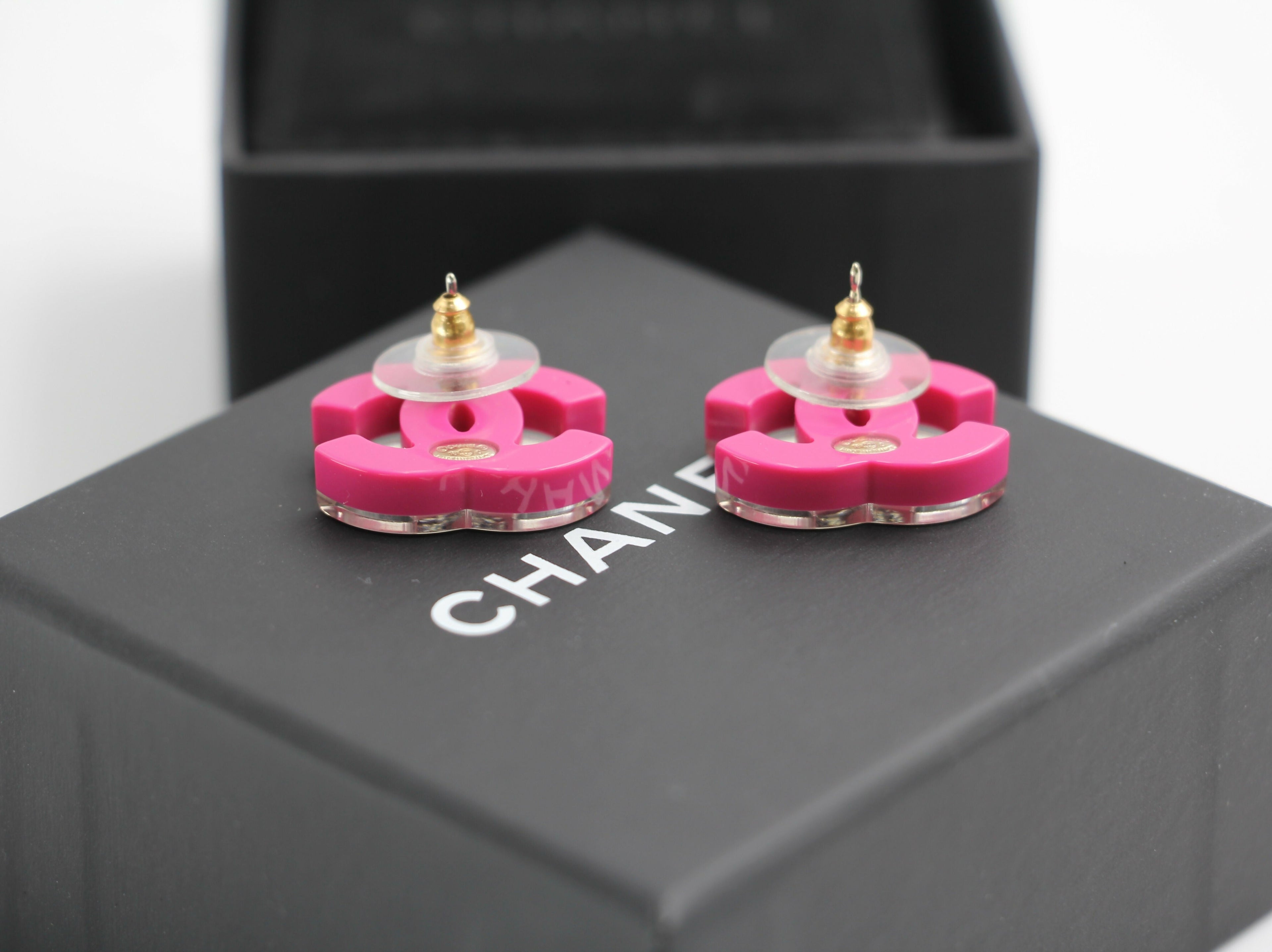 Chanel 2018 Resin Silver Glitter Pink Stud Earrings