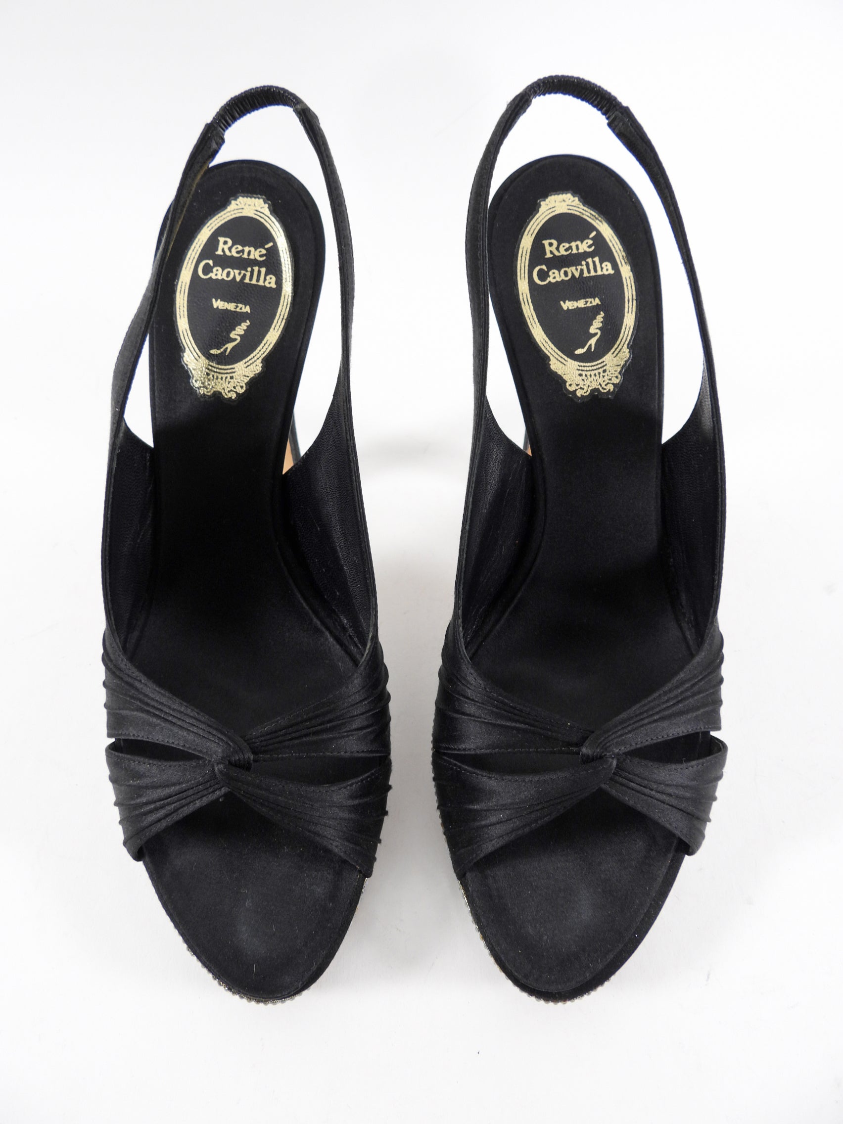Rene Caovilla Black Silk Satin Strass Crystal Slingback Heels - 37 / 37.5