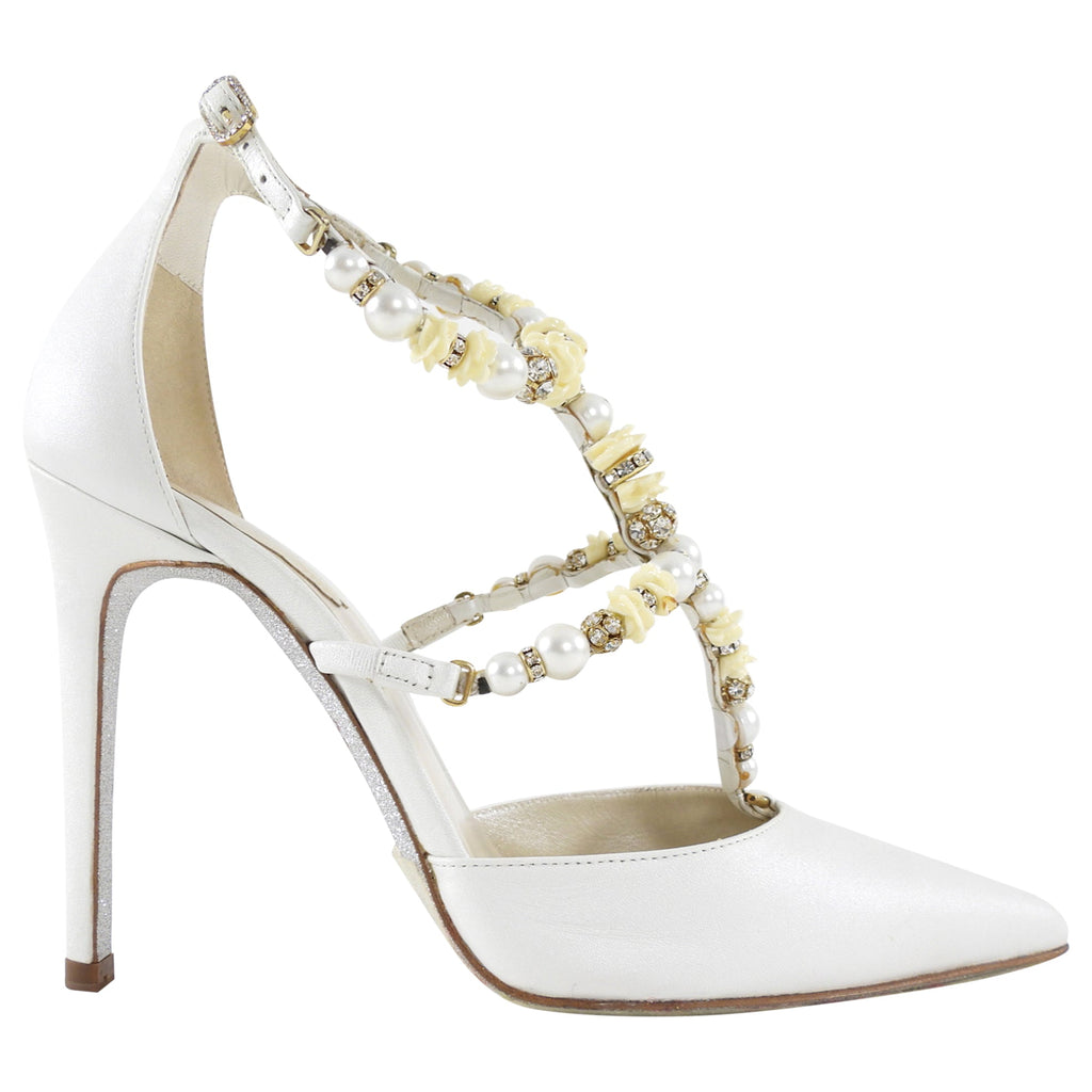 Rene Caovilla White Satin Leather Crystal Pearl Bead Heels - 36.5