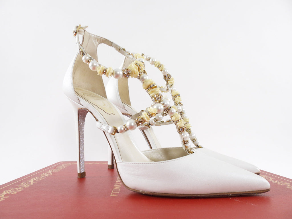 Rene Caovilla White Satin Leather Crystal Pearl Bead Heels - 36.5