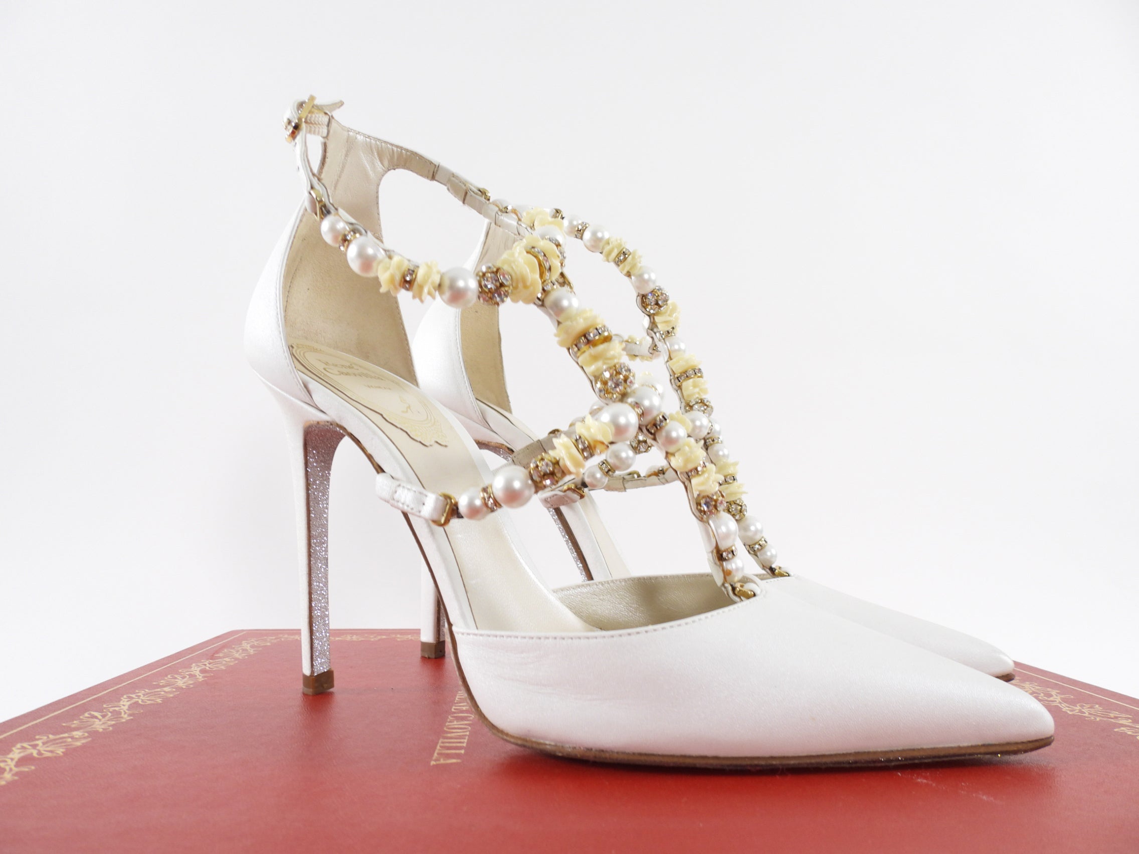 Rene Caovilla White Satin Leather Crystal Pearl Bead Heels - 36.5