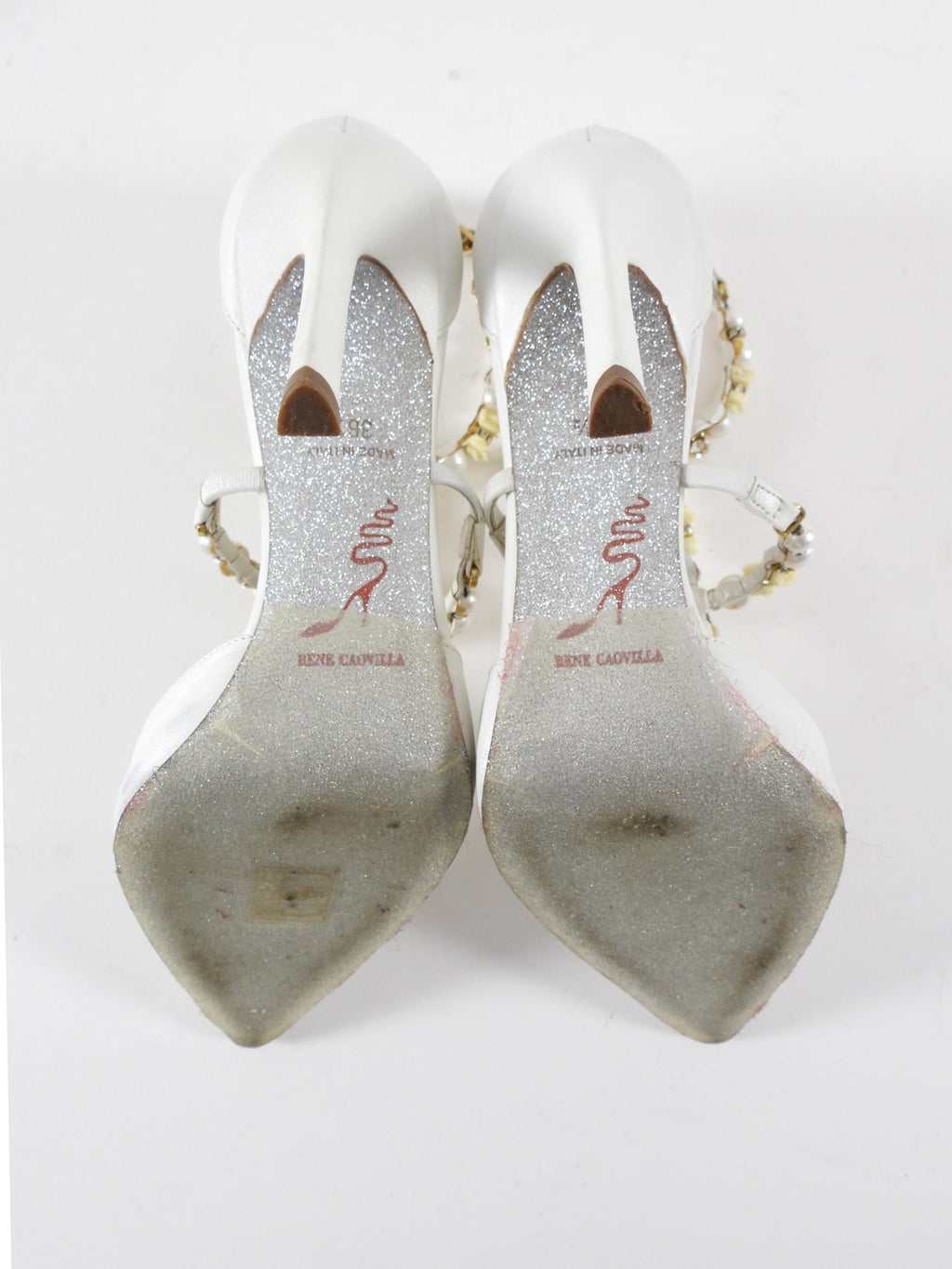 Rene Caovilla White Satin Leather Crystal Pearl Bead Heels - 36.5