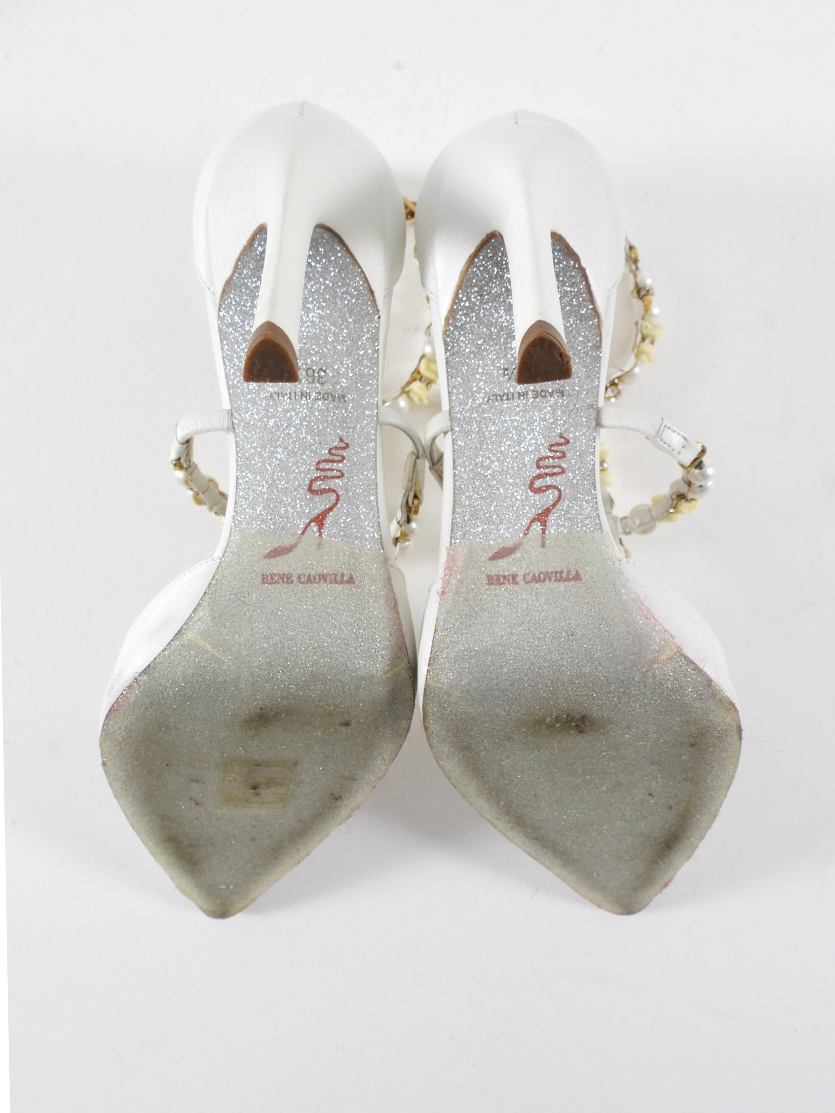 Rene Caovilla White Satin Leather Crystal Pearl Bead Heels - 36.5