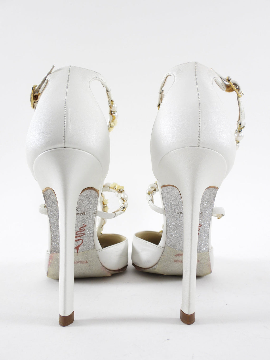 Rene Caovilla White Satin Leather Crystal Pearl Bead Heels - 36.5