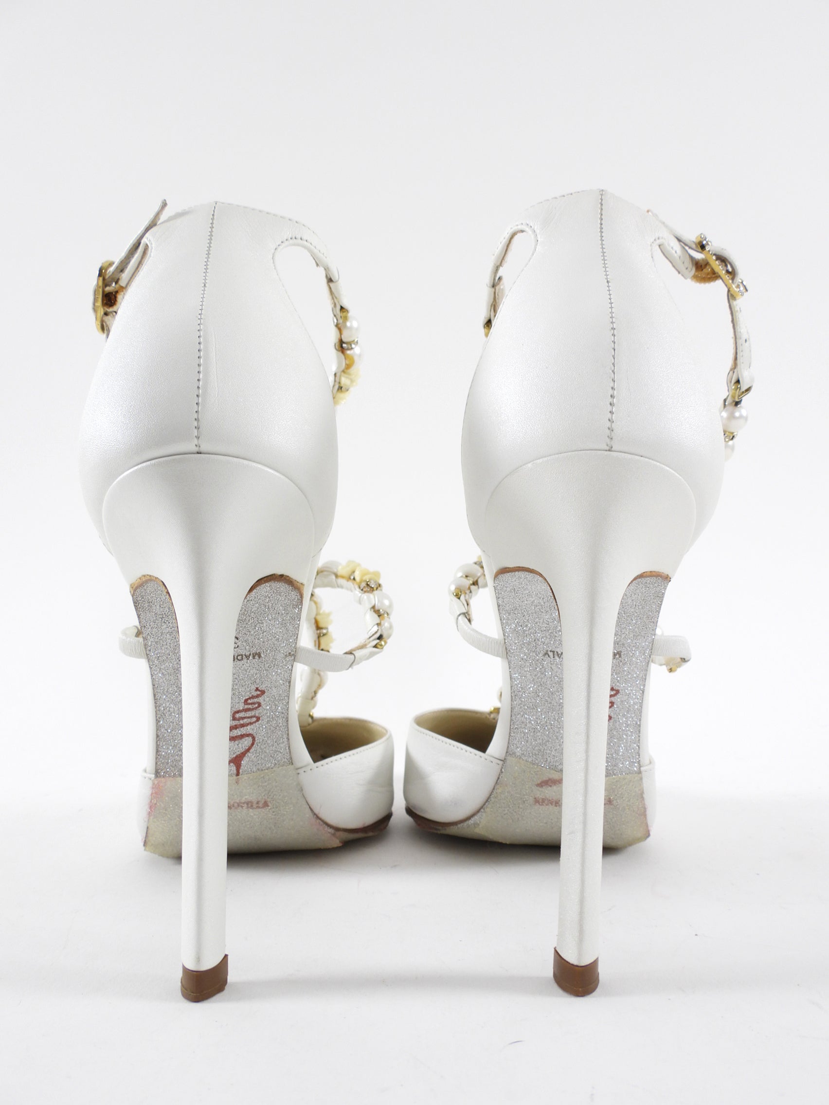 Rene Caovilla White Satin Leather Crystal Pearl Bead Heels - 36.5