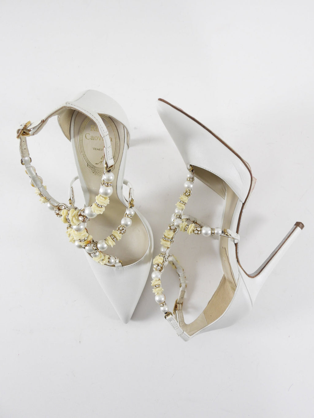 Rene Caovilla White Satin Leather Crystal Pearl Bead Heels - 36.5