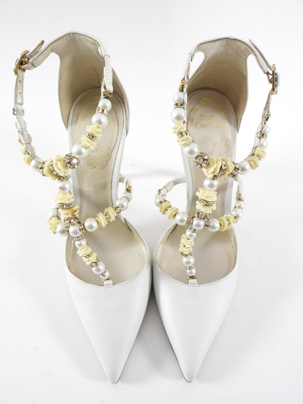Rene Caovilla White Satin Leather Crystal Pearl Bead Heels - 36.5