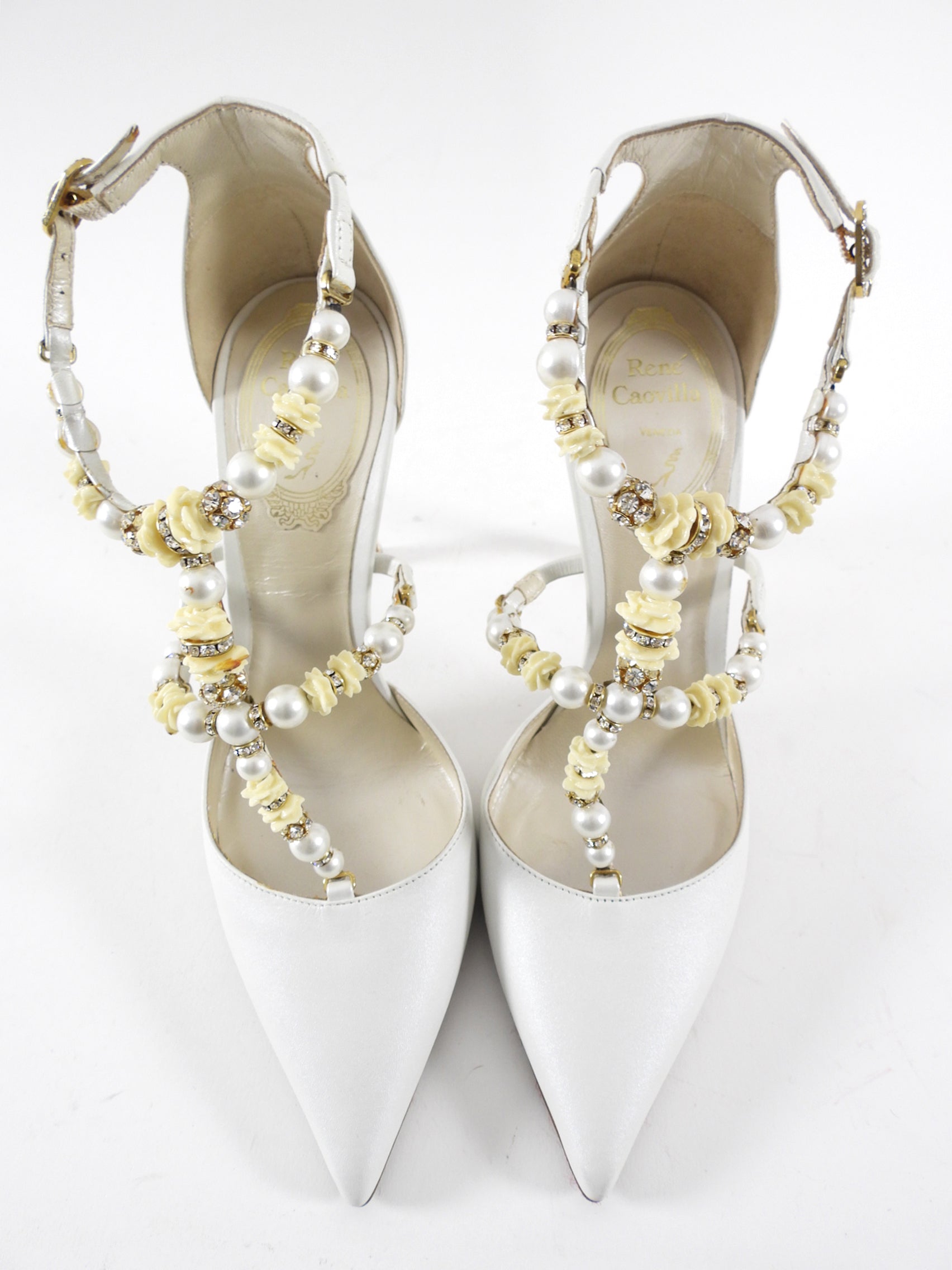 Rene Caovilla White Satin Leather Crystal Pearl Bead Heels - 36.5