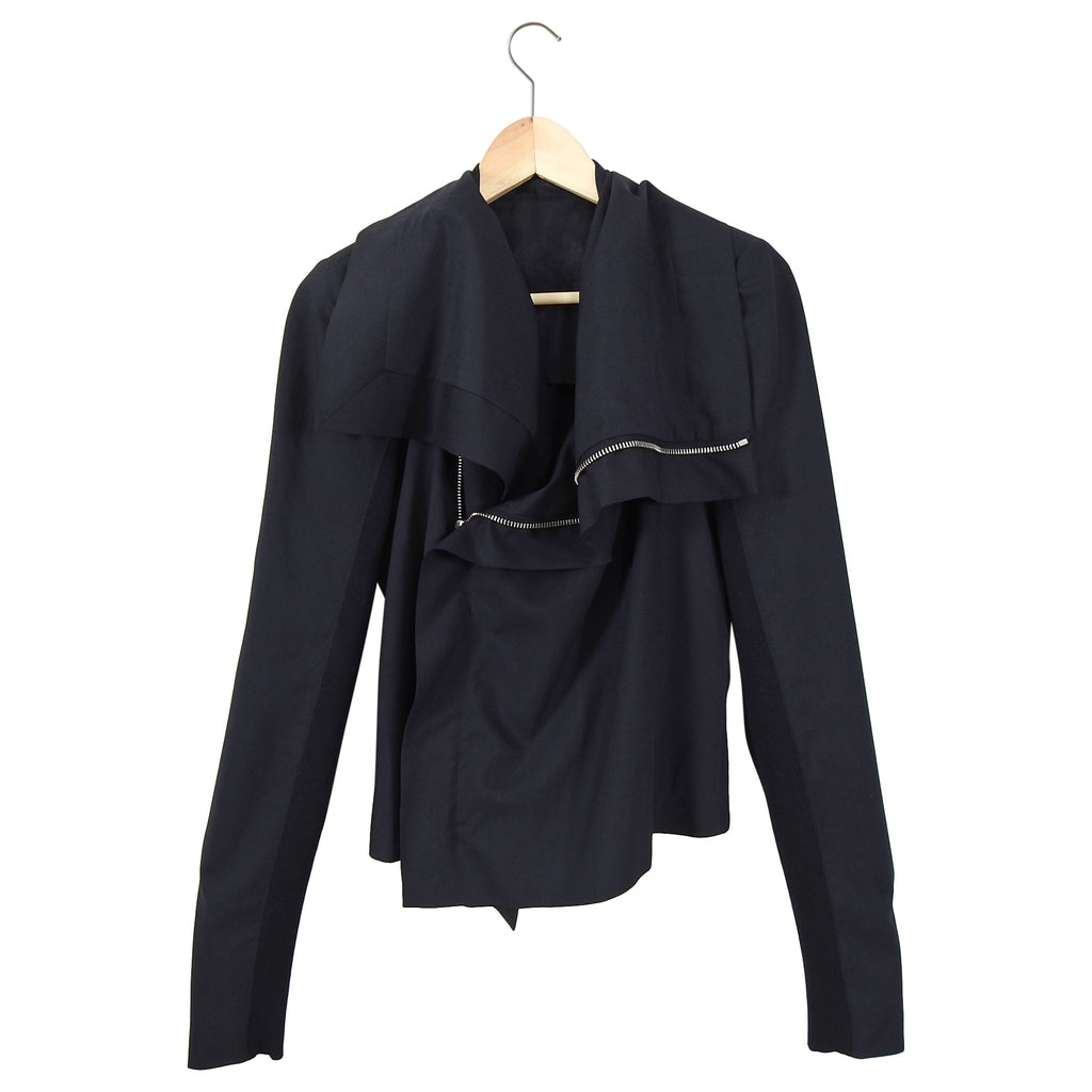 Rick Owens Black Zip Front Fitted Light Wool Jacket - 8