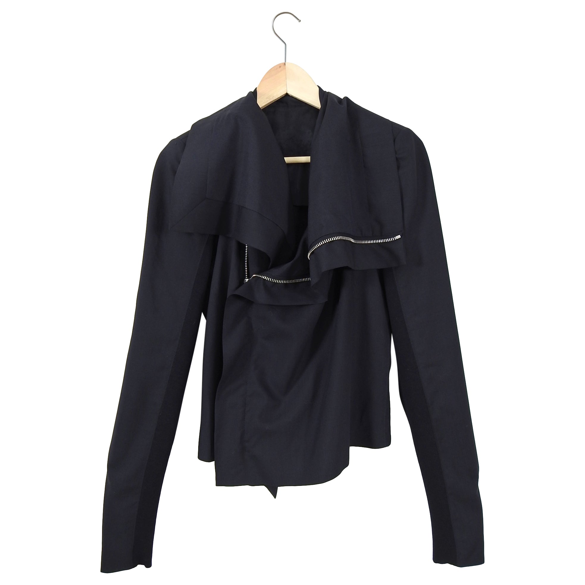 Rick Owens Black Zip Front Fitted Light Wool Jacket - 8
