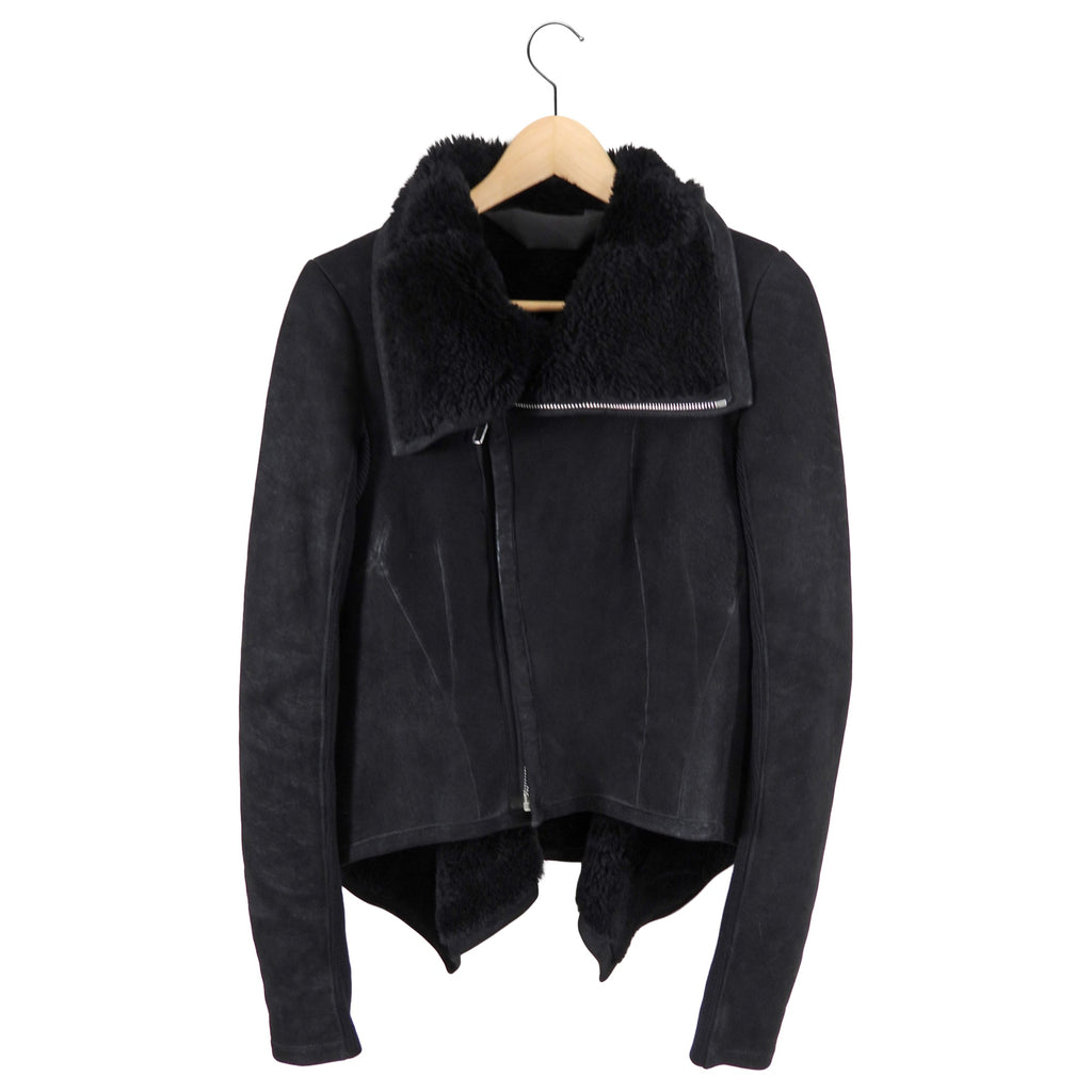 Rick Owens Black Shearling Asymmetrical Hemline Zip Jacket - USA M