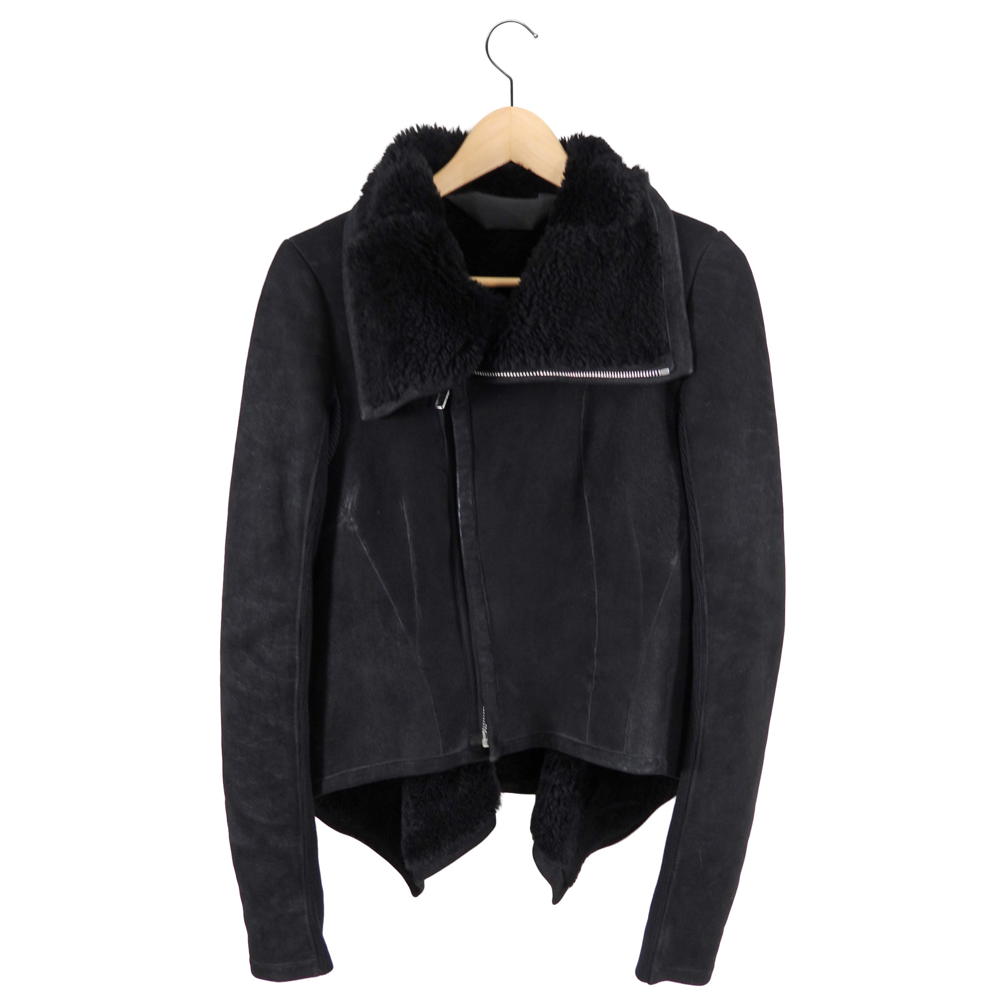 Rick Owens Black Shearling Asymmetrical Hemline Zip Jacket - USA M