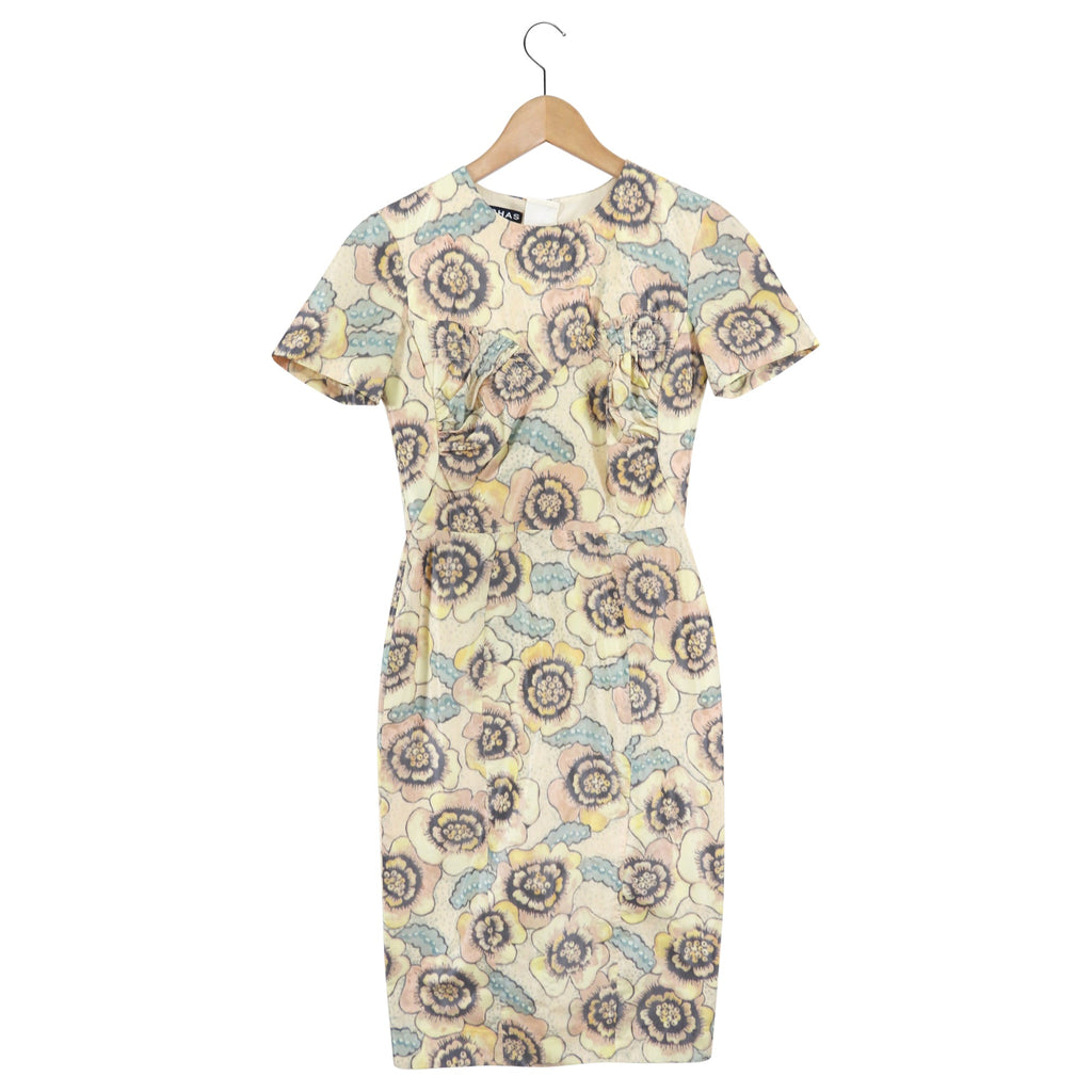Rochas Yellow Floral Silk Short Sleeve Cocktail Dress - IT40 / USA 2/4