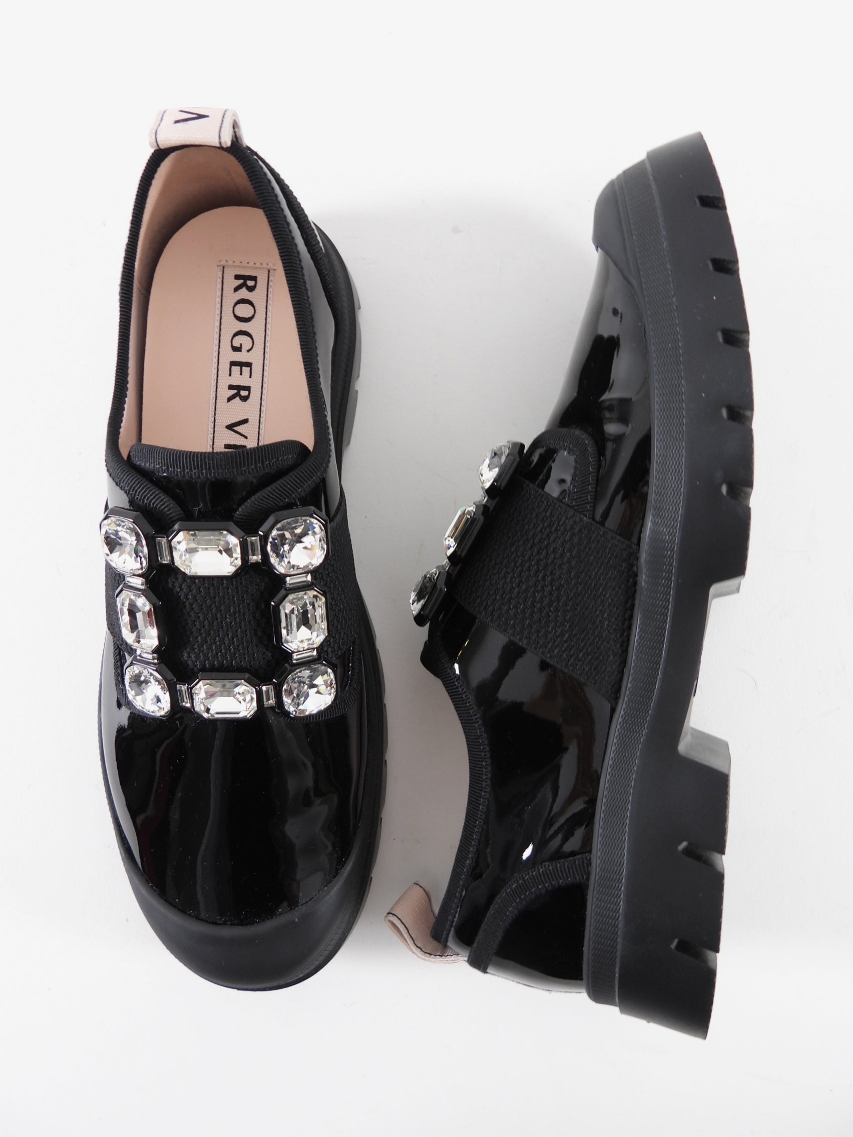 Roger Vivier Black Patent Crystal Walky Viv Loafer Shoes - 39.5