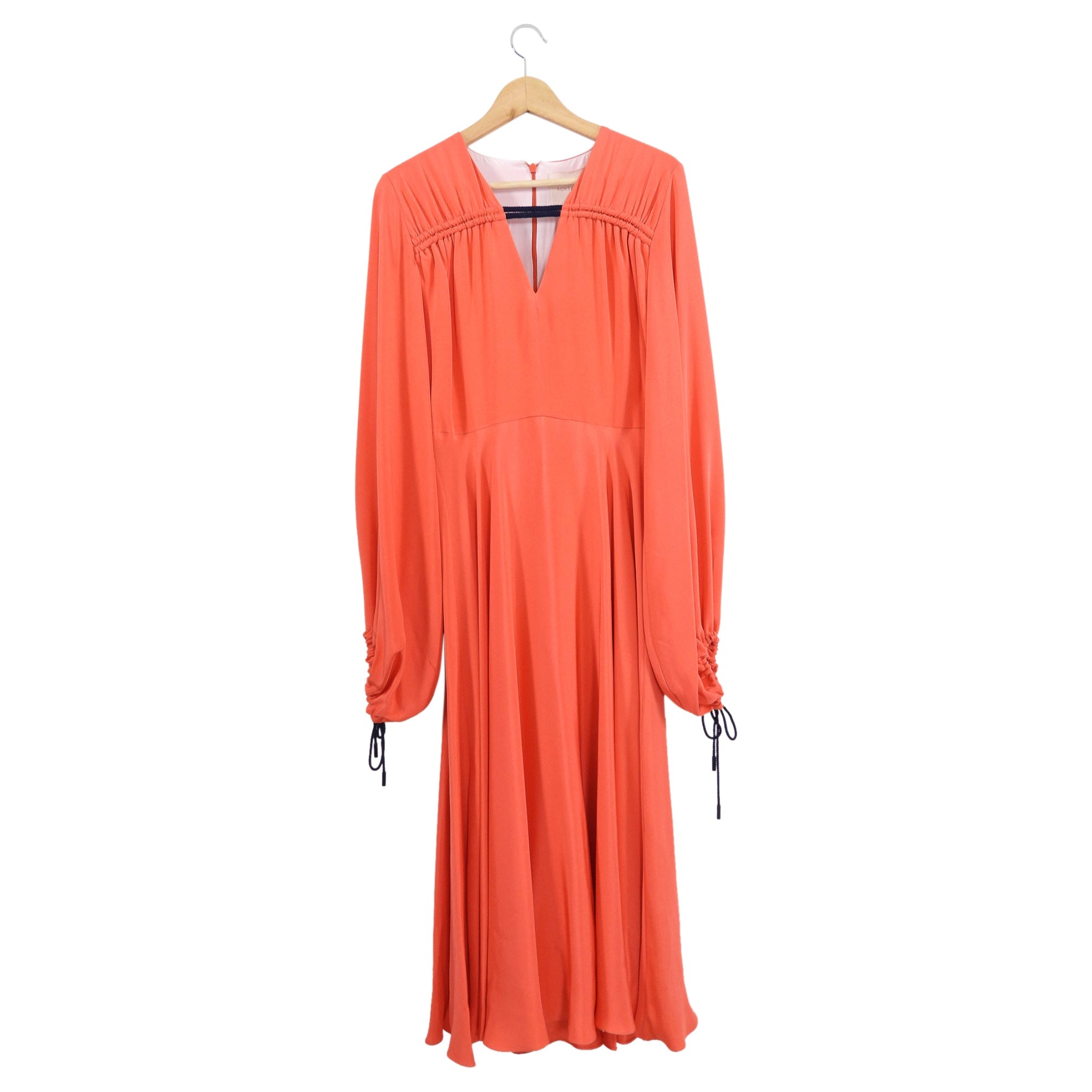 Roksanda Coral Silk Midi Dress with Balloon Sleeves - UK12 / USA 8