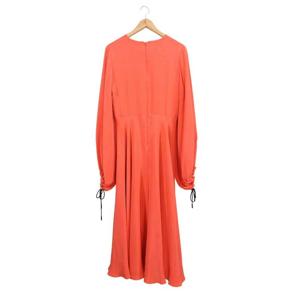 Roksanda Coral Silk Midi Dress with Balloon Sleeves - UK12 / USA 8