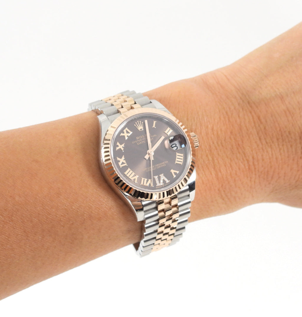 Rolex Two Tone 18k Rose Gold Chocolate Diamond Date Just 31mm Watch