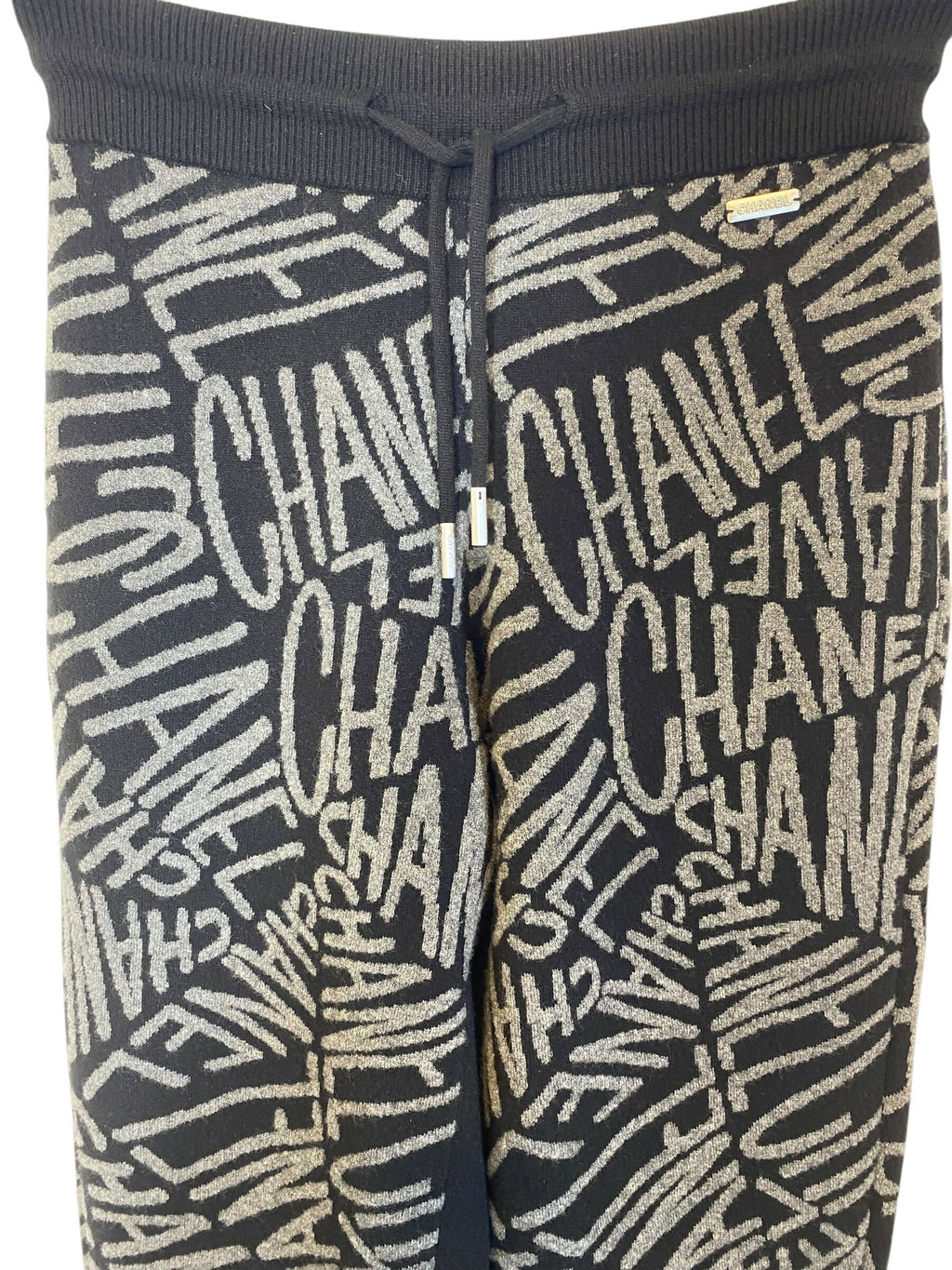NWT Chanel Logo 21N Coco Neige Black Grey Cashmere Bottoms Lounge Pants FR 38