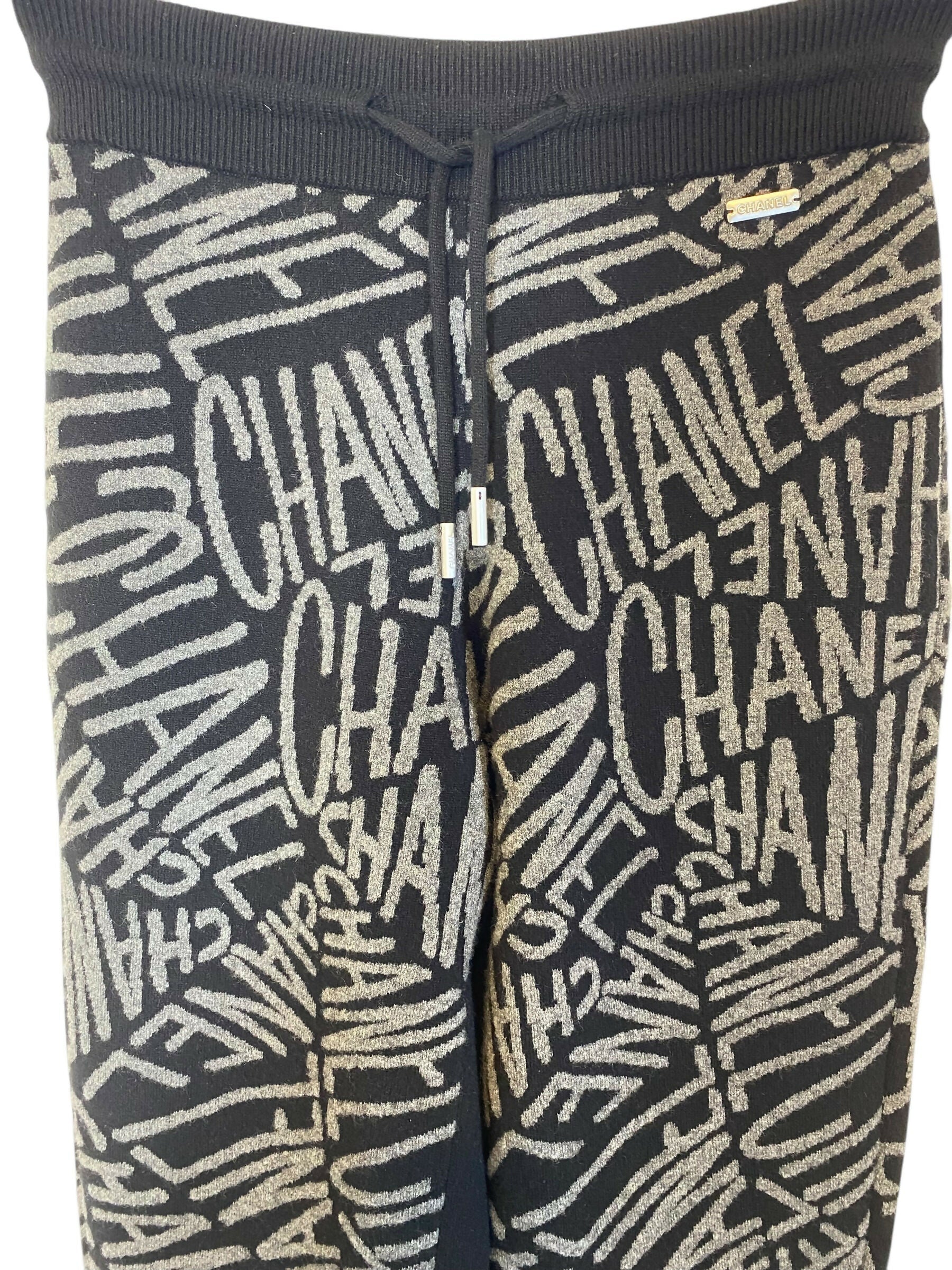 NWT Chanel Logo 21N Coco Neige Black Grey Cashmere Bottoms Lounge Pants FR 38