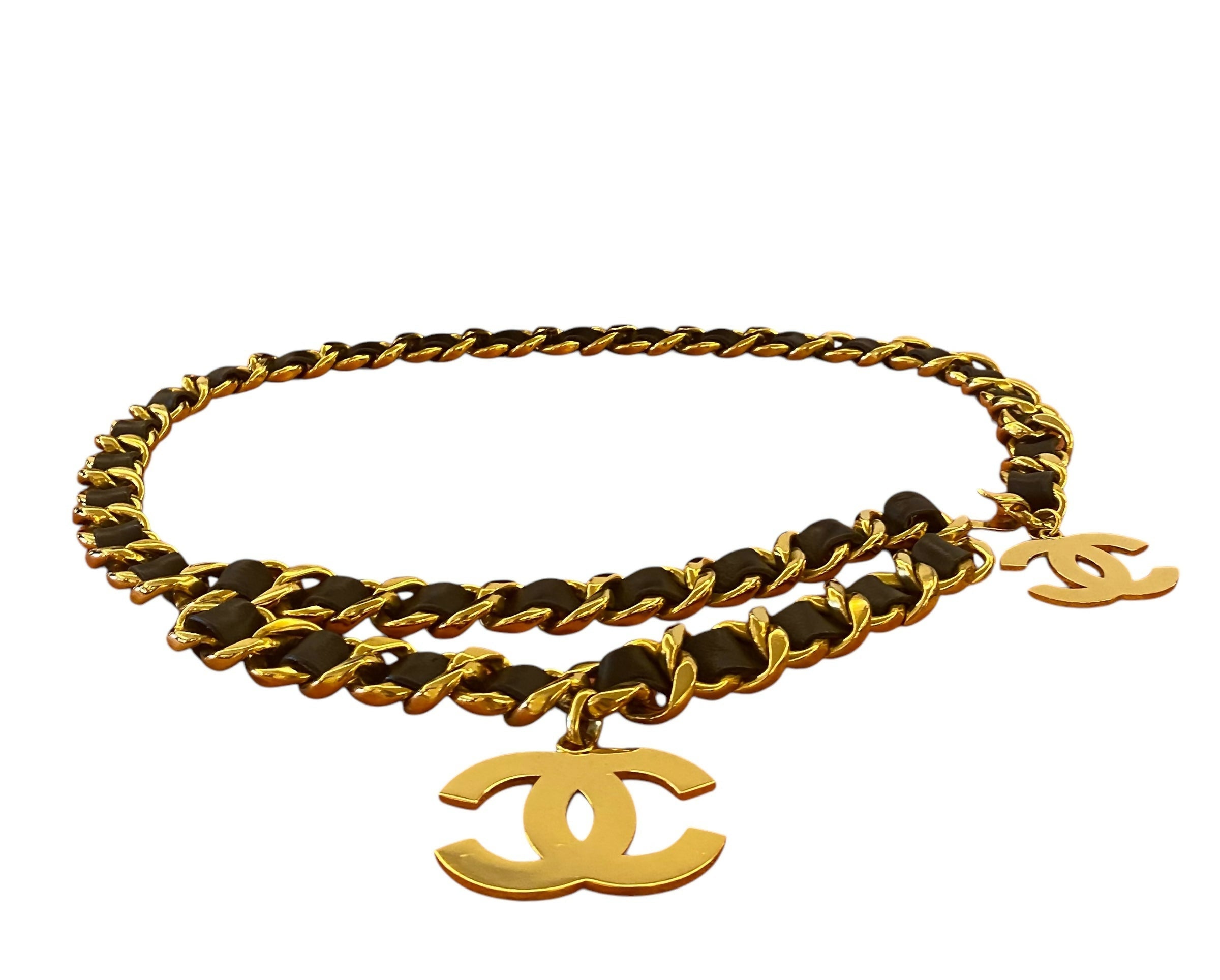 Iconic Vintage Chanel 93P Jumbo Gold Chain CC Logo Black Leather Belt Necklace