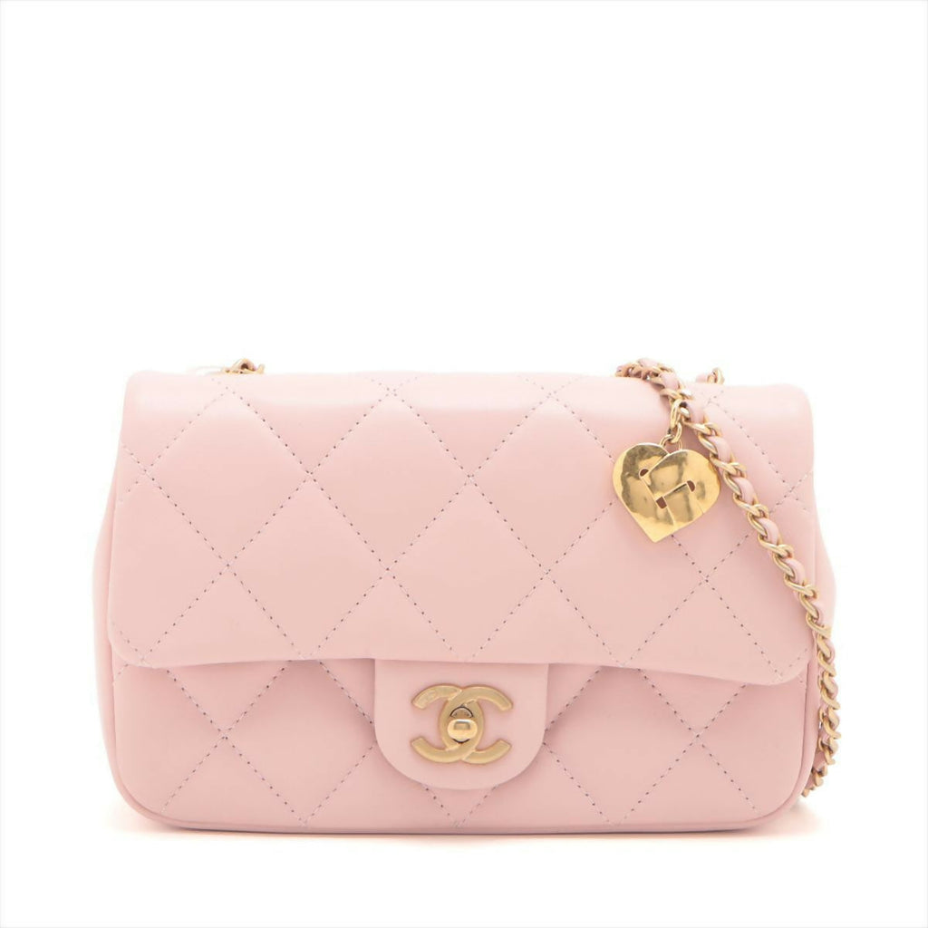 Chanel Pink Mini Matelasse Lambskin Single Leather Chain Heart Charm Flap Bag with Gold Hardware