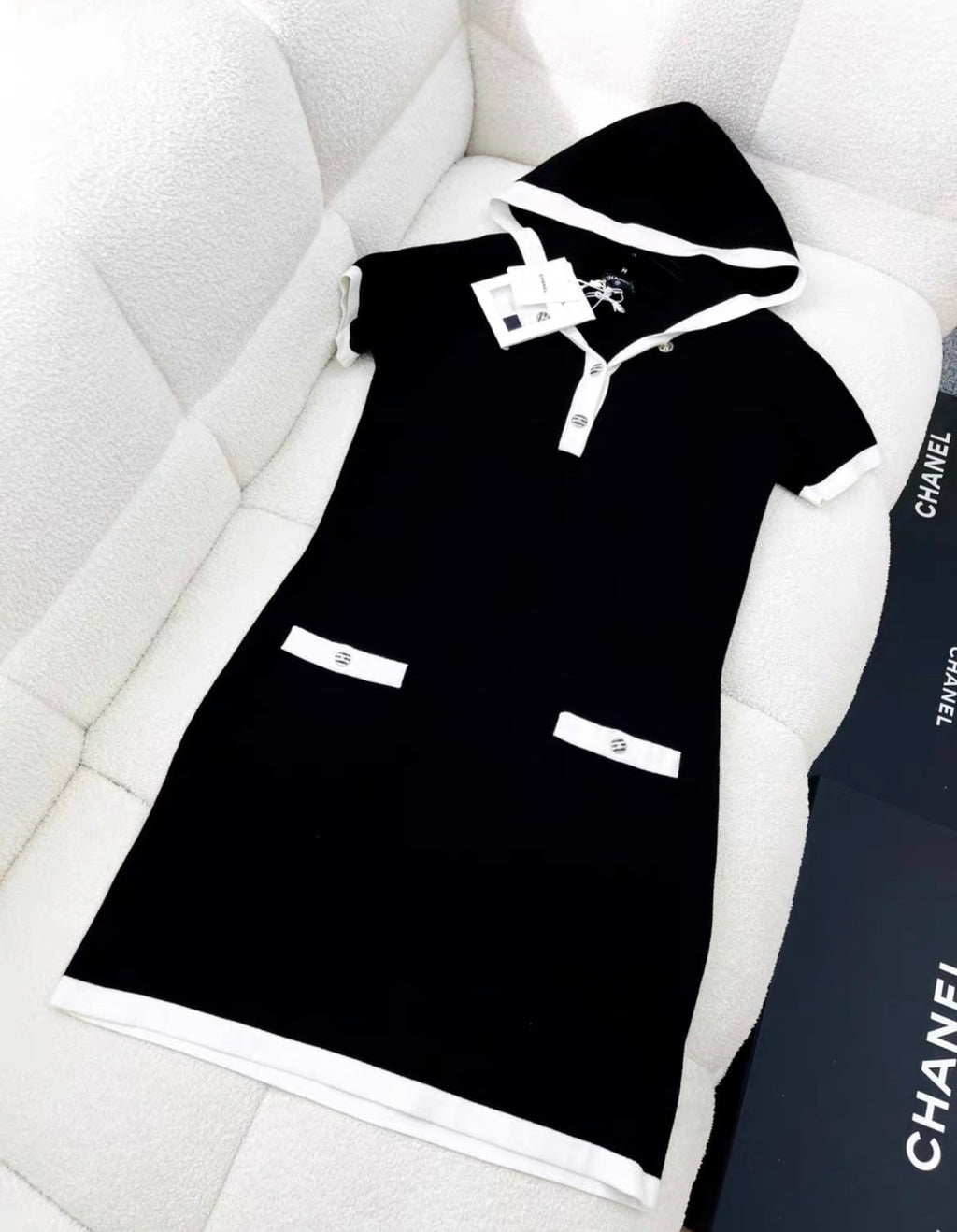 Chanel 24C black and white knitted hoodie dress