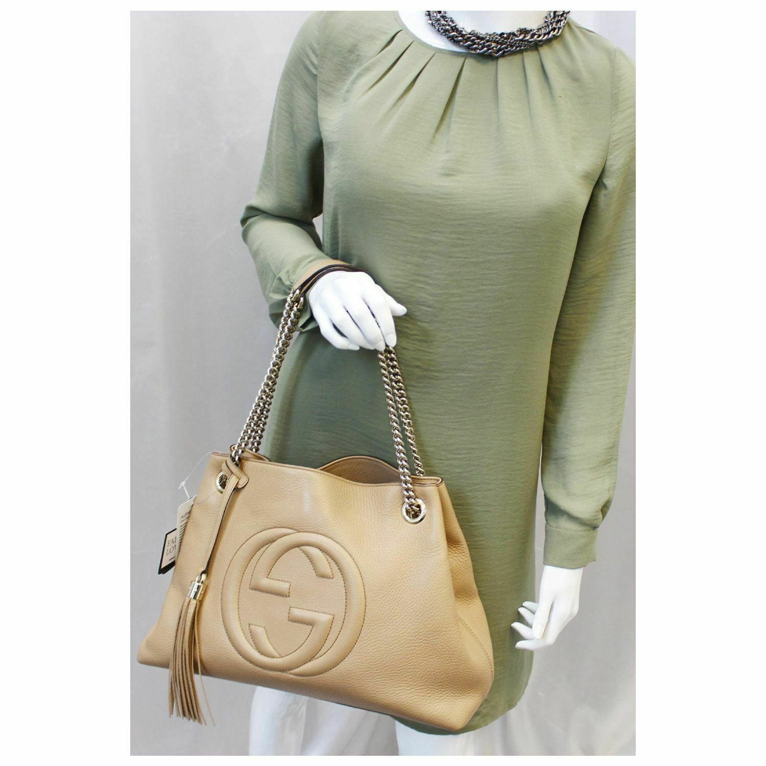 GUCCI Soho Pebbled Leather Chain Shoulder Bag 308982 Beige