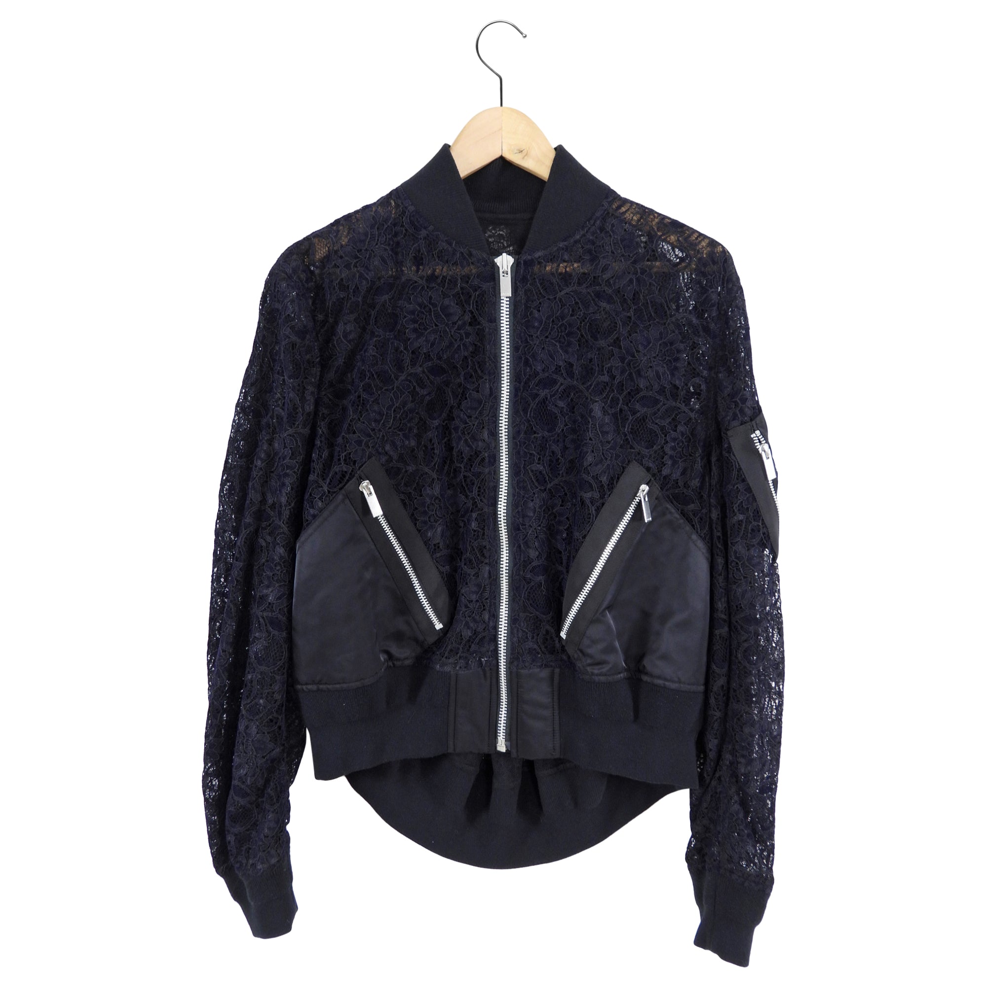 Sacai Black Lace and Nylon Bomber Jacket - M