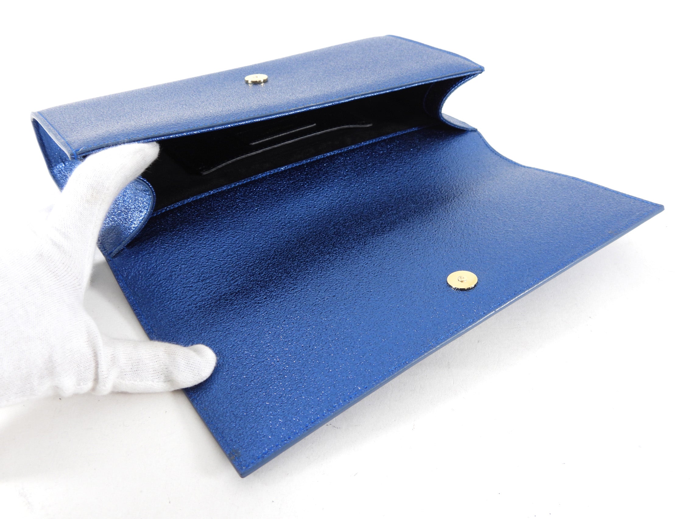 Saint Laurent Metallic Blue Cassandre Clutch Bag
