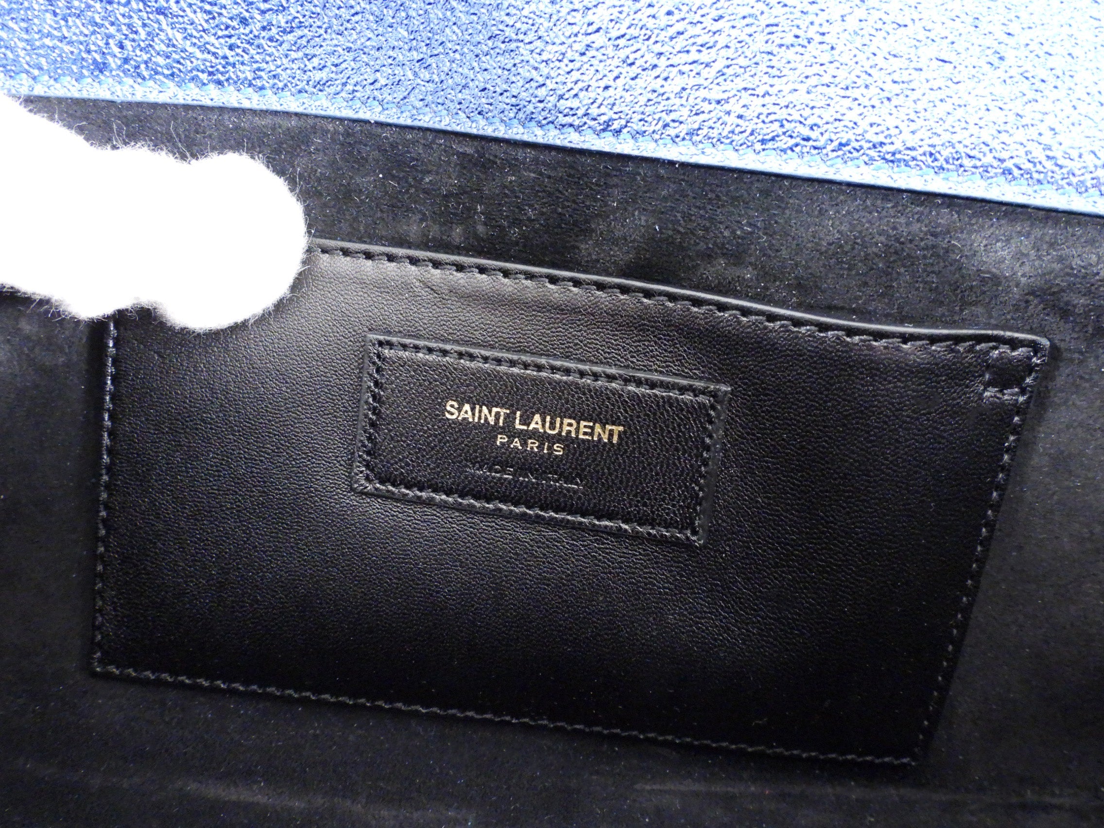 Saint Laurent Metallic Blue Cassandre Clutch Bag