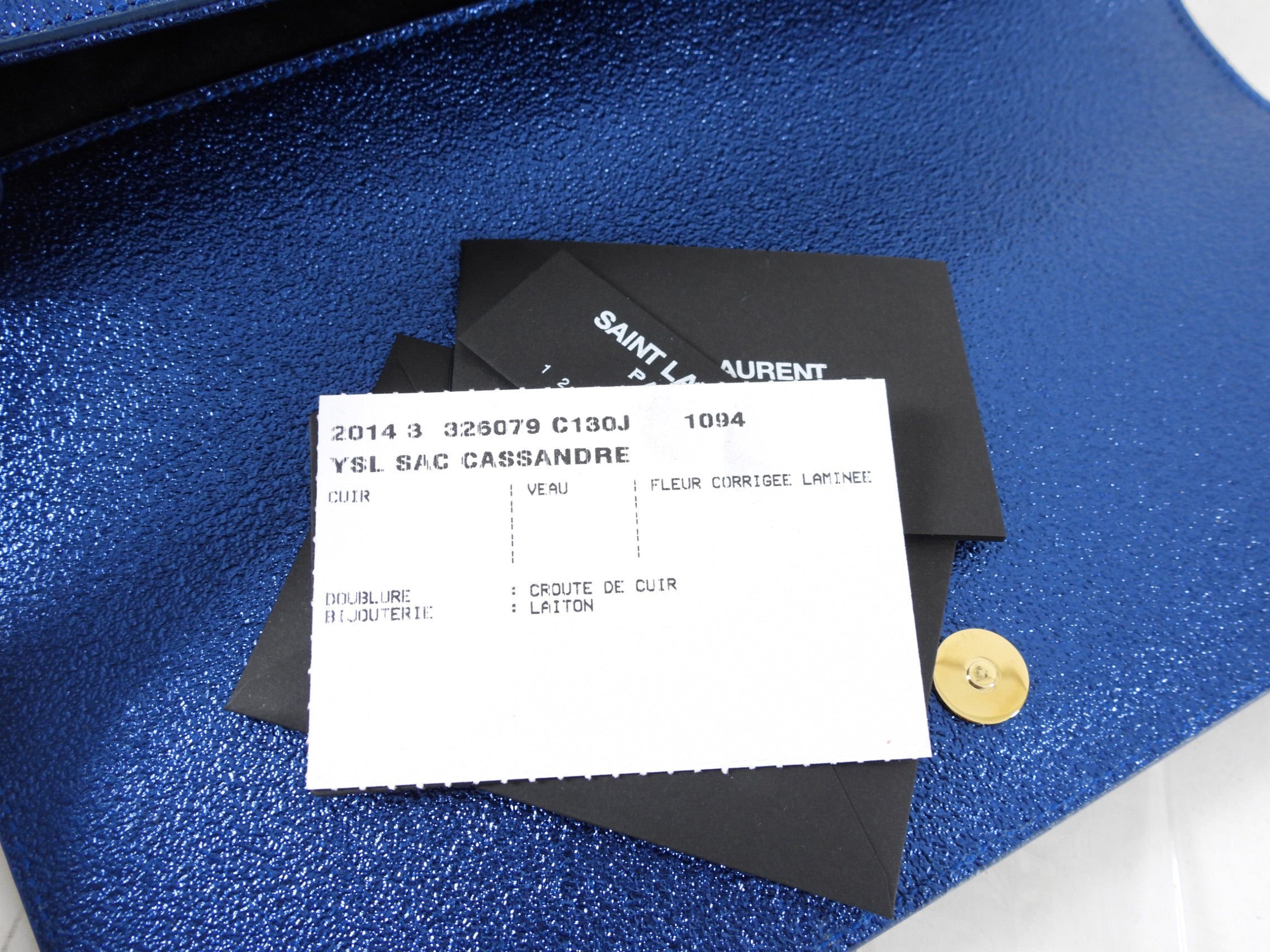 Saint Laurent Metallic Blue Cassandre Clutch Bag