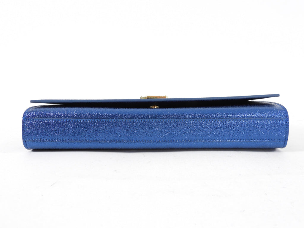 Saint Laurent Metallic Blue Cassandre Clutch Bag