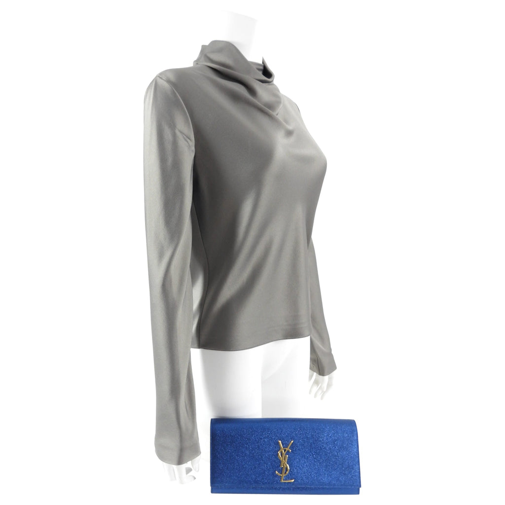 Saint Laurent Metallic Blue Cassandre Clutch Bag