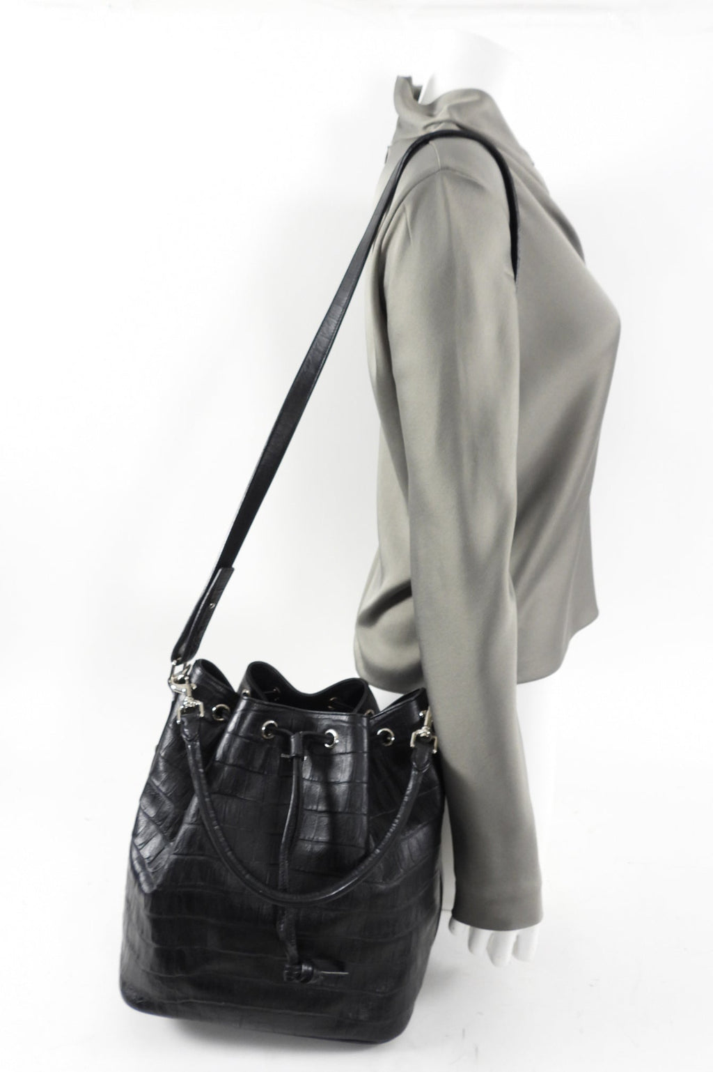 Saint Laurent Medium Black Croc Embossed Emanuelle Bucket Bag