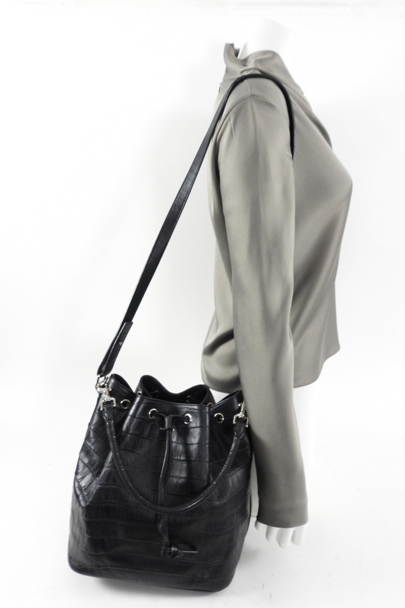 Saint Laurent Medium Black Croc Embossed Emanuelle Bucket Bag
