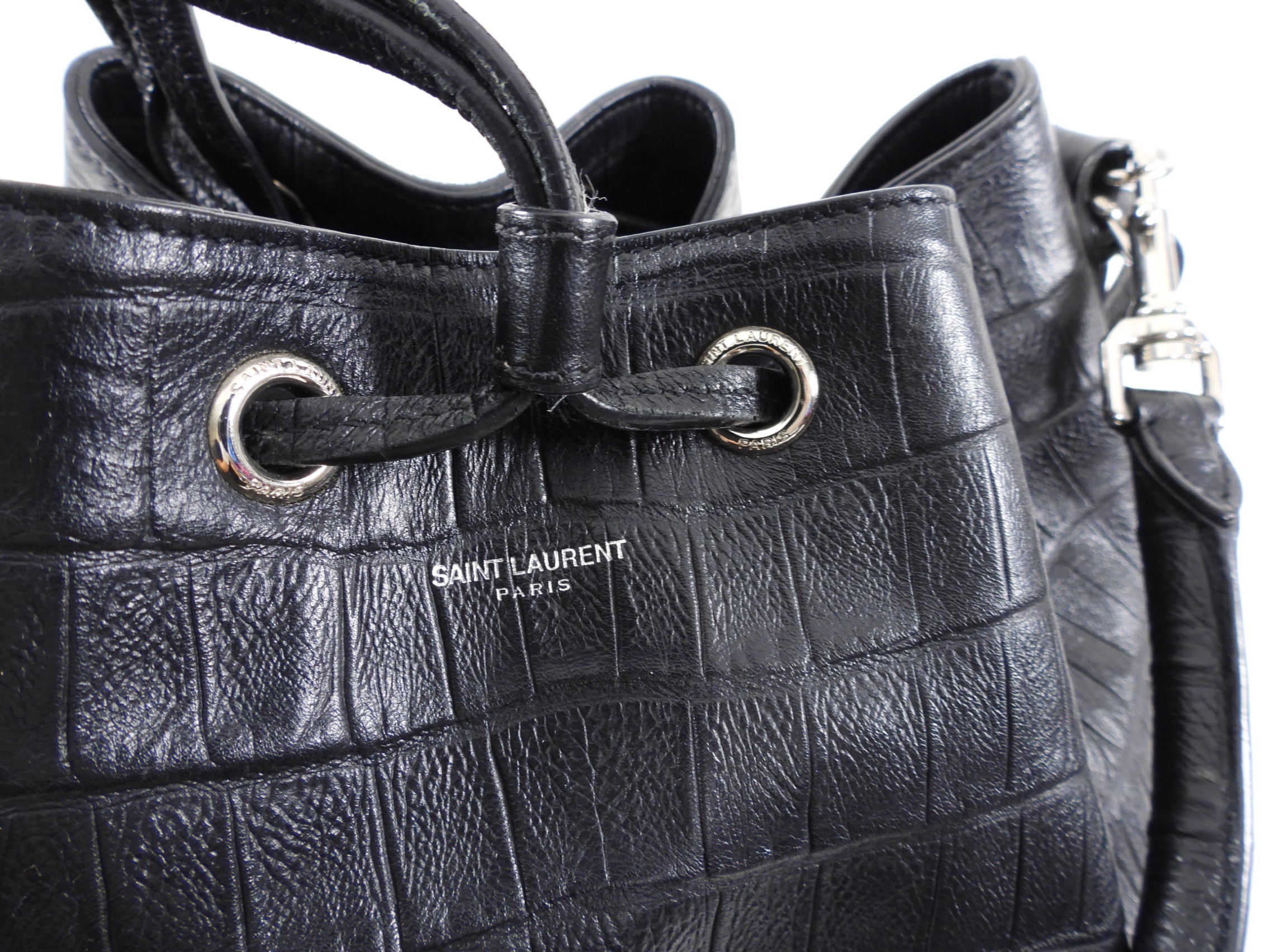 Saint Laurent Medium Black Croc Embossed Emanuelle Bucket Bag