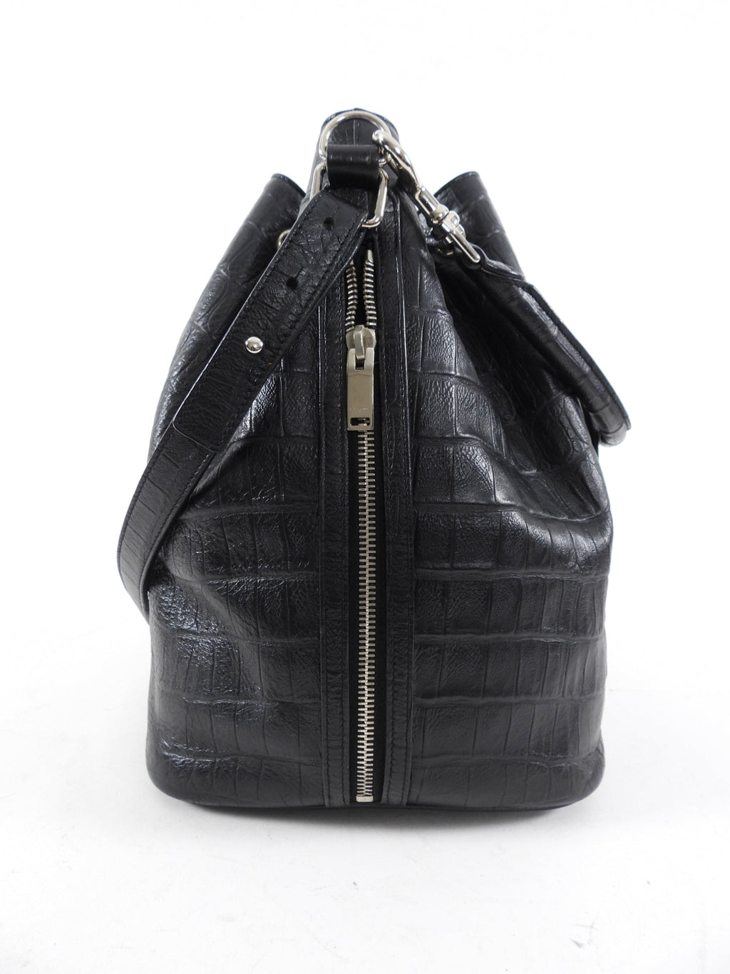Saint Laurent Medium Black Croc Embossed Emanuelle Bucket Bag