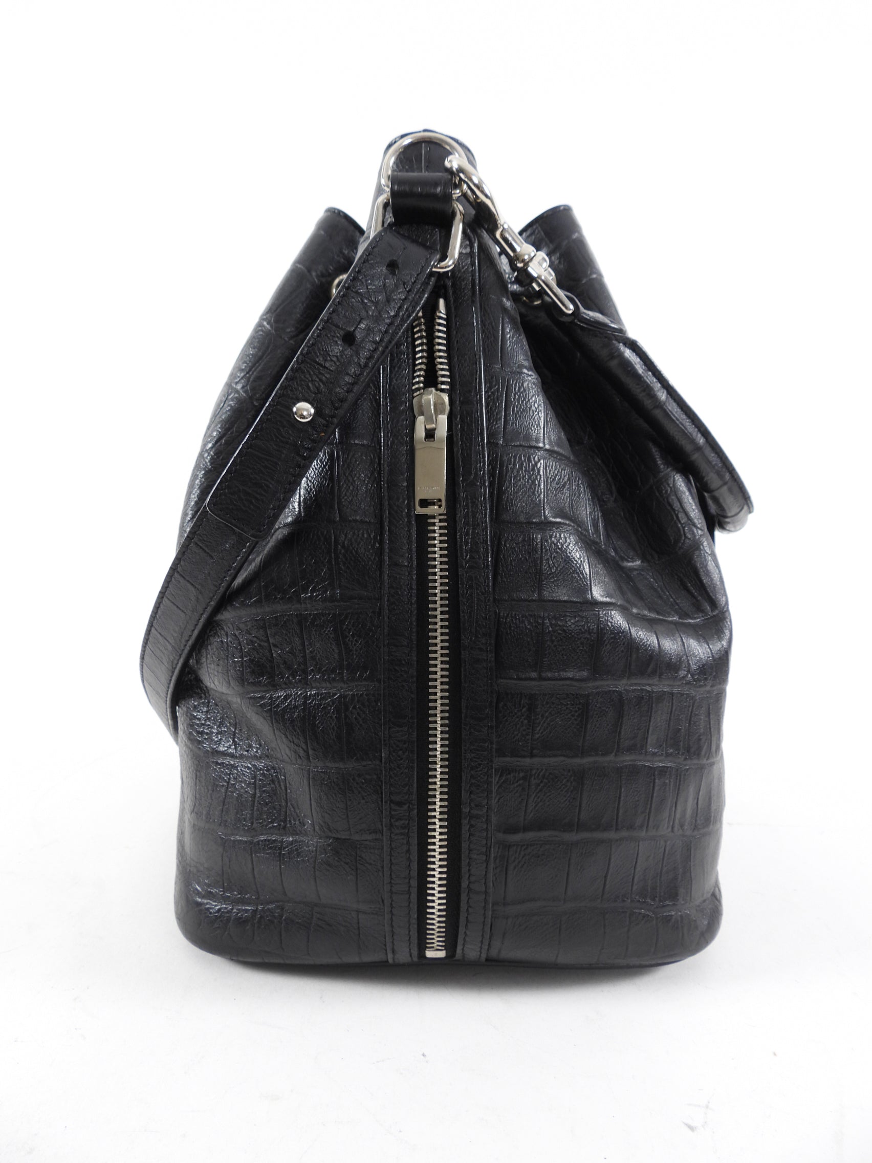 Saint Laurent Medium Black Croc Embossed Emanuelle Bucket Bag
