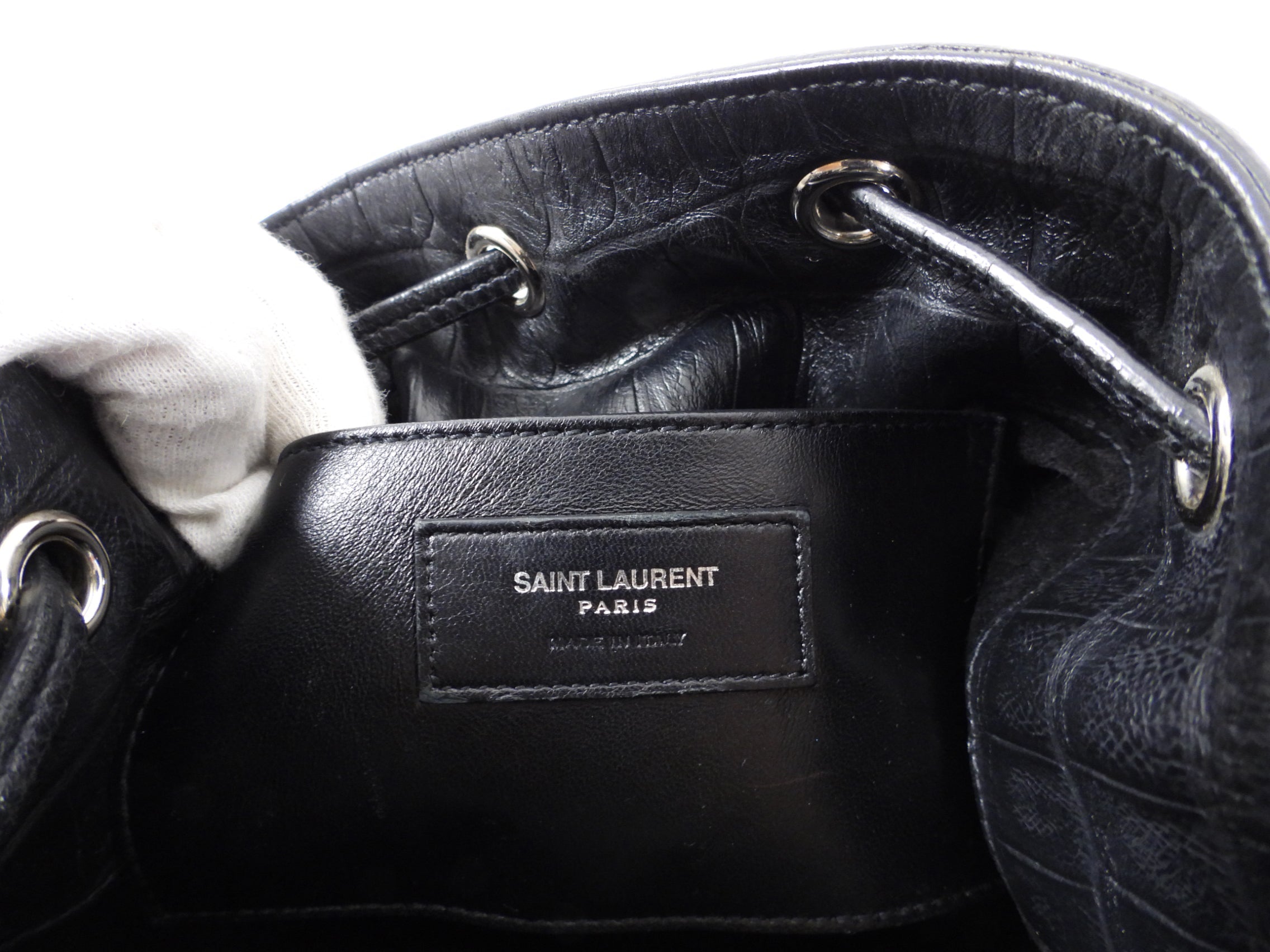 Saint Laurent Medium Black Croc Embossed Emanuelle Bucket Bag