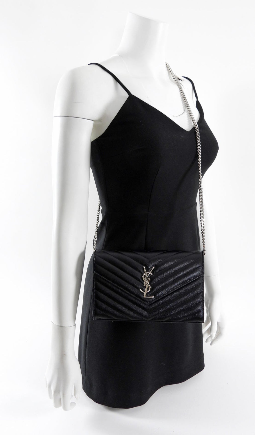 Saint Laurent Black Chevron Small Envelope Wallet on Chain Flap Bag