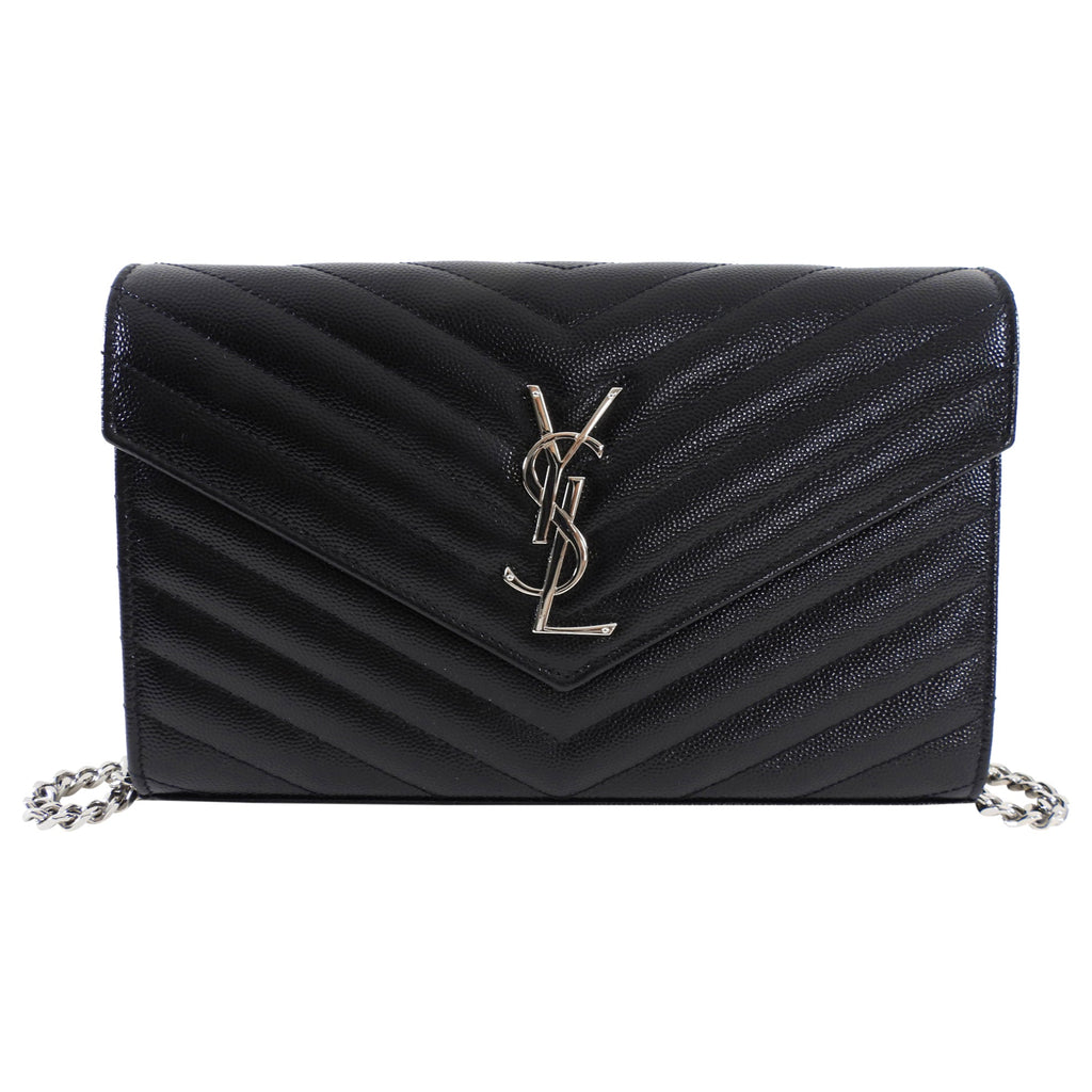 Saint Laurent Black Chevron Small Envelope Wallet on Chain Flap Bag