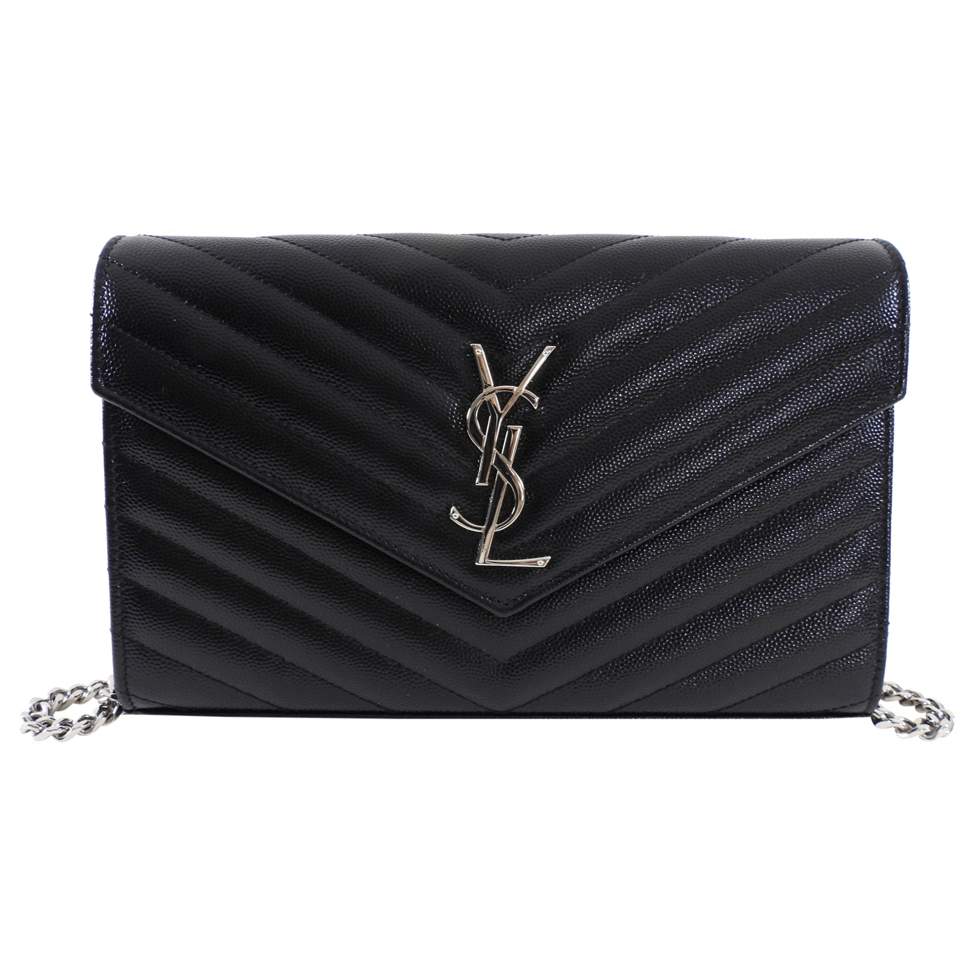 Saint Laurent Black Chevron Small Envelope Wallet on Chain Flap Bag
