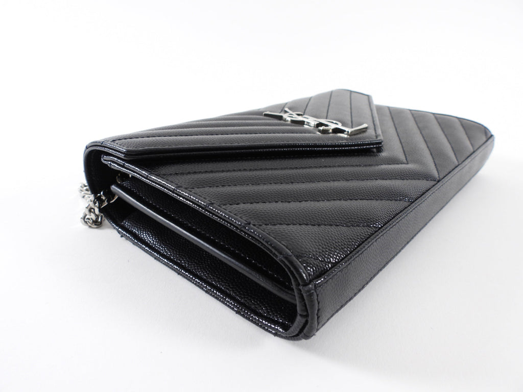 Saint Laurent Black Chevron Small Envelope Wallet on Chain Flap Bag