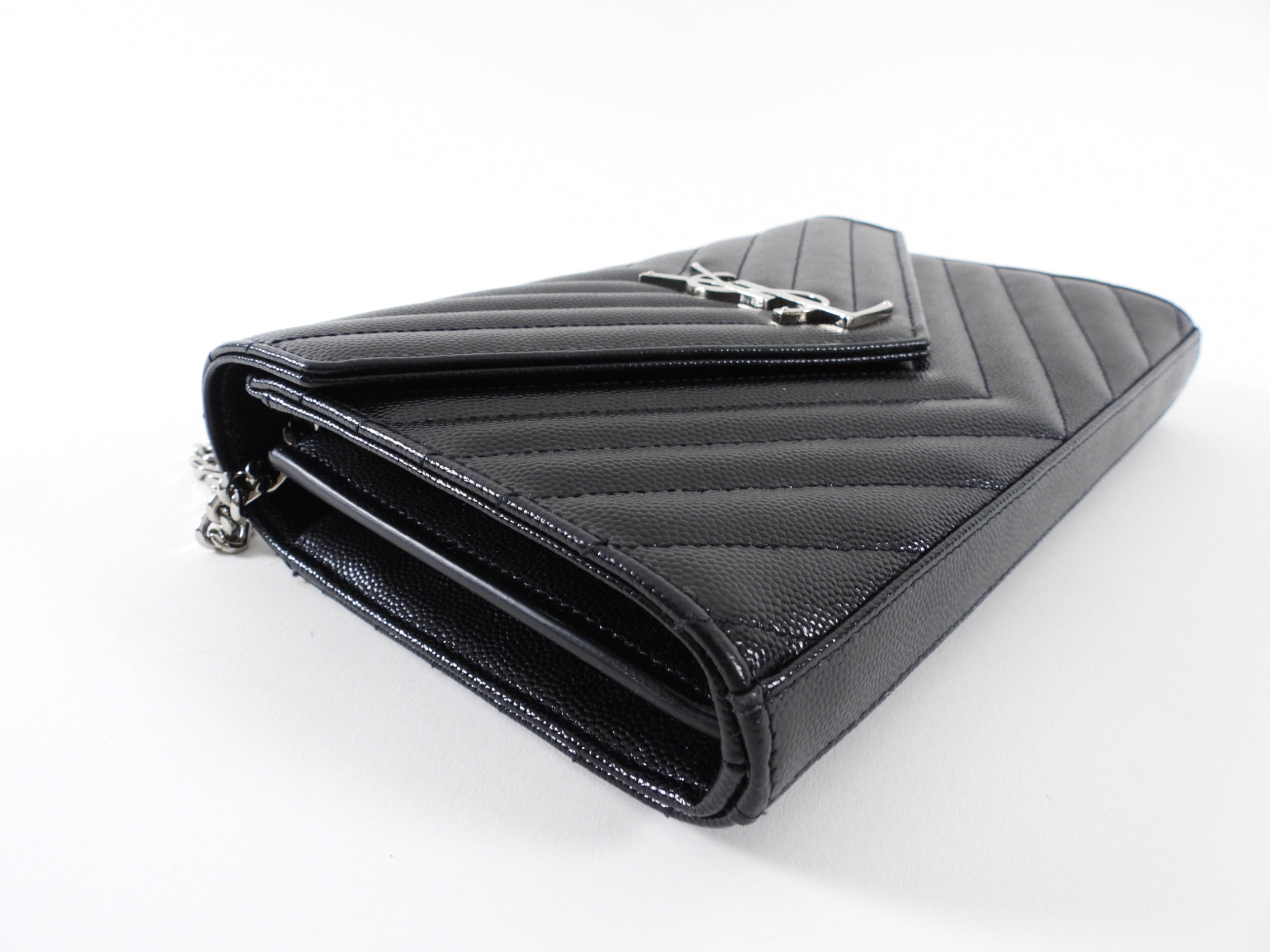 Saint Laurent Black Chevron Small Envelope Wallet on Chain Flap Bag
