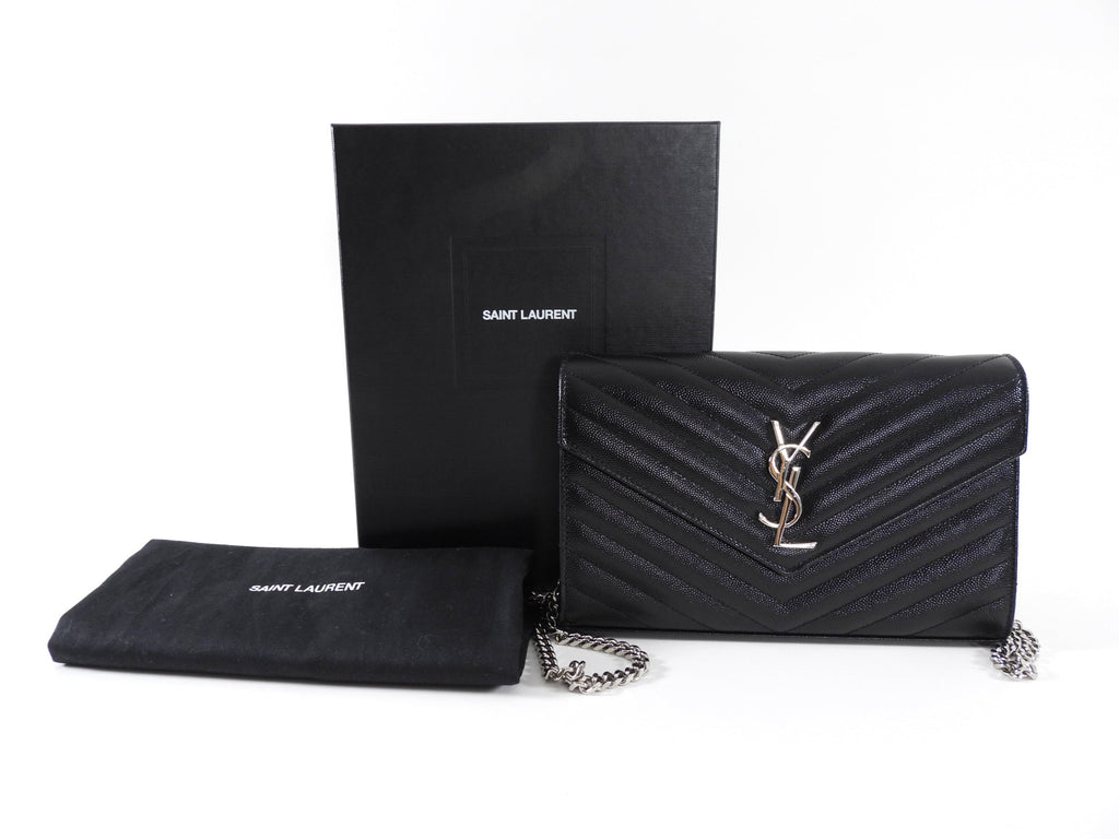 Saint Laurent Black Chevron Small Envelope Wallet on Chain Flap Bag