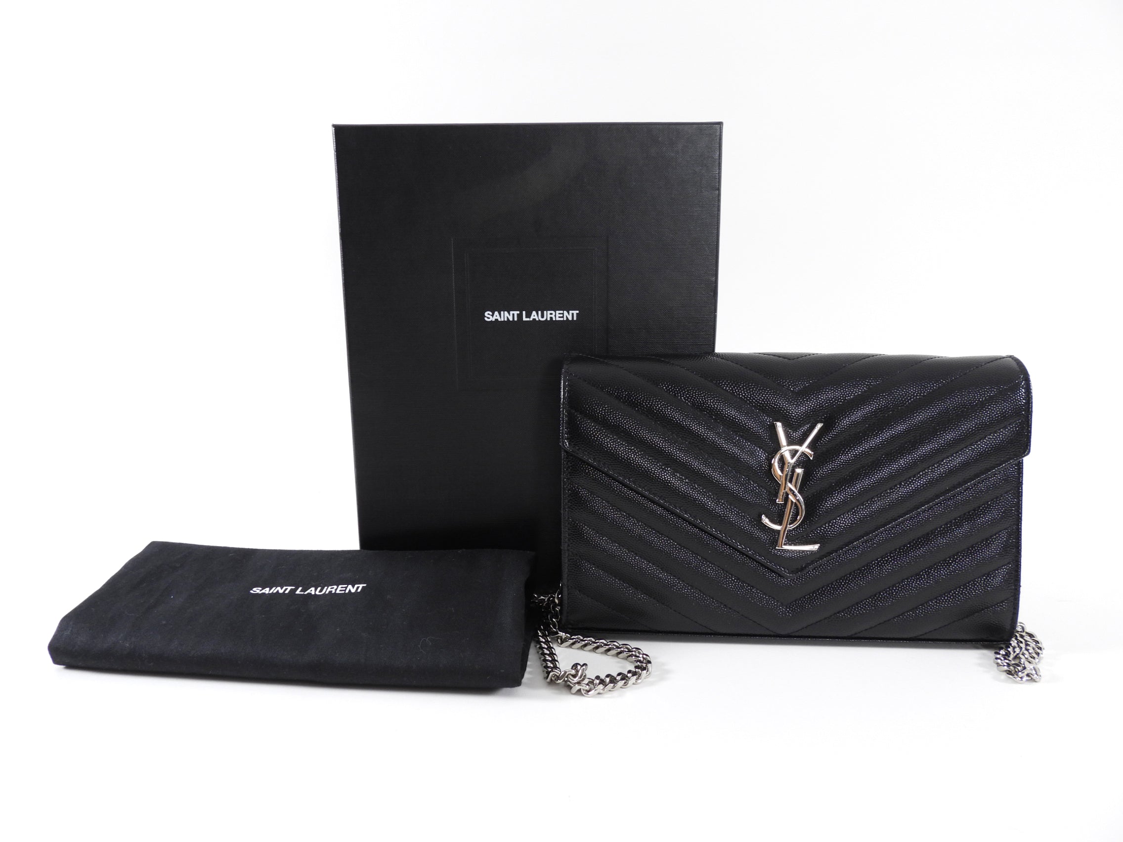 Saint Laurent Black Chevron Small Envelope Wallet on Chain Flap Bag