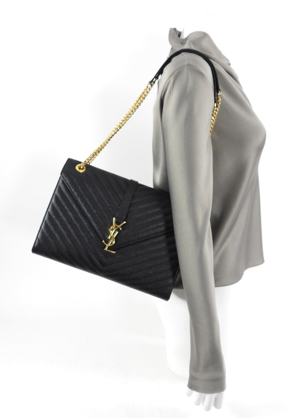 Saint Laurent Large Black Chevron Envelope Flap Bag